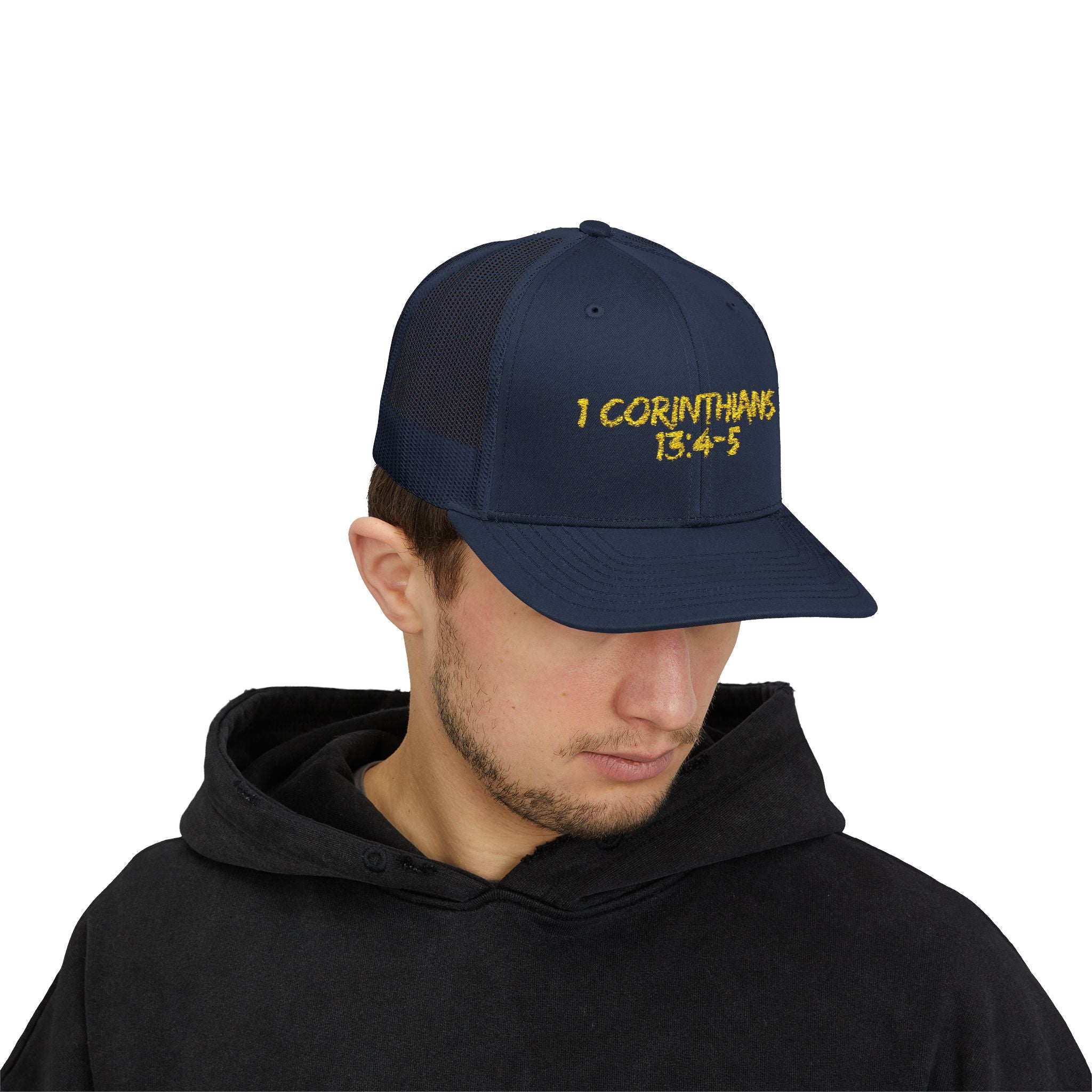 1 Corinthians 13:4-5 Trucker Cap — Customizable Mesh Back Hat
