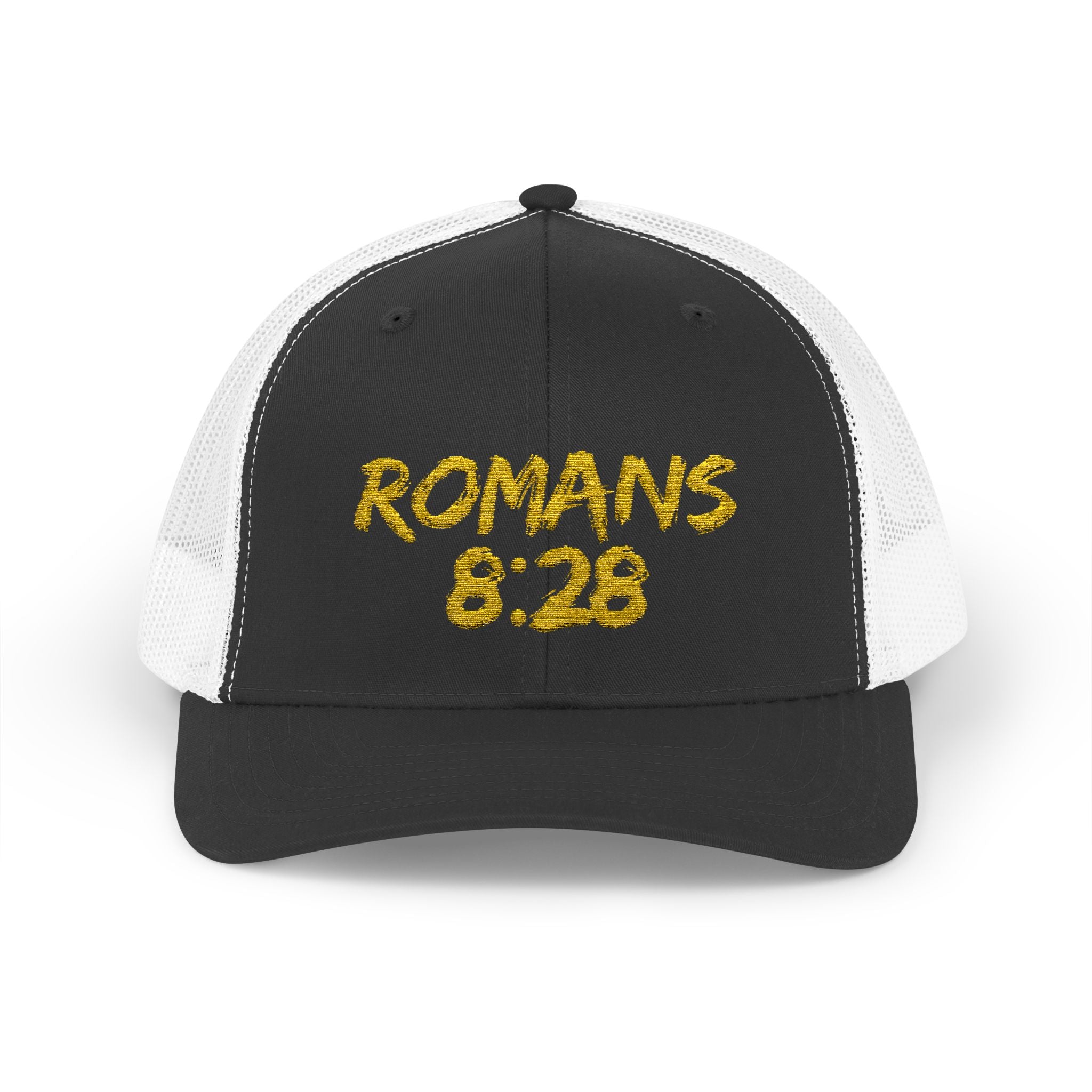 Romans 8:28 Trucker Cap — Christian Faith Snapback Hat Mesh Back