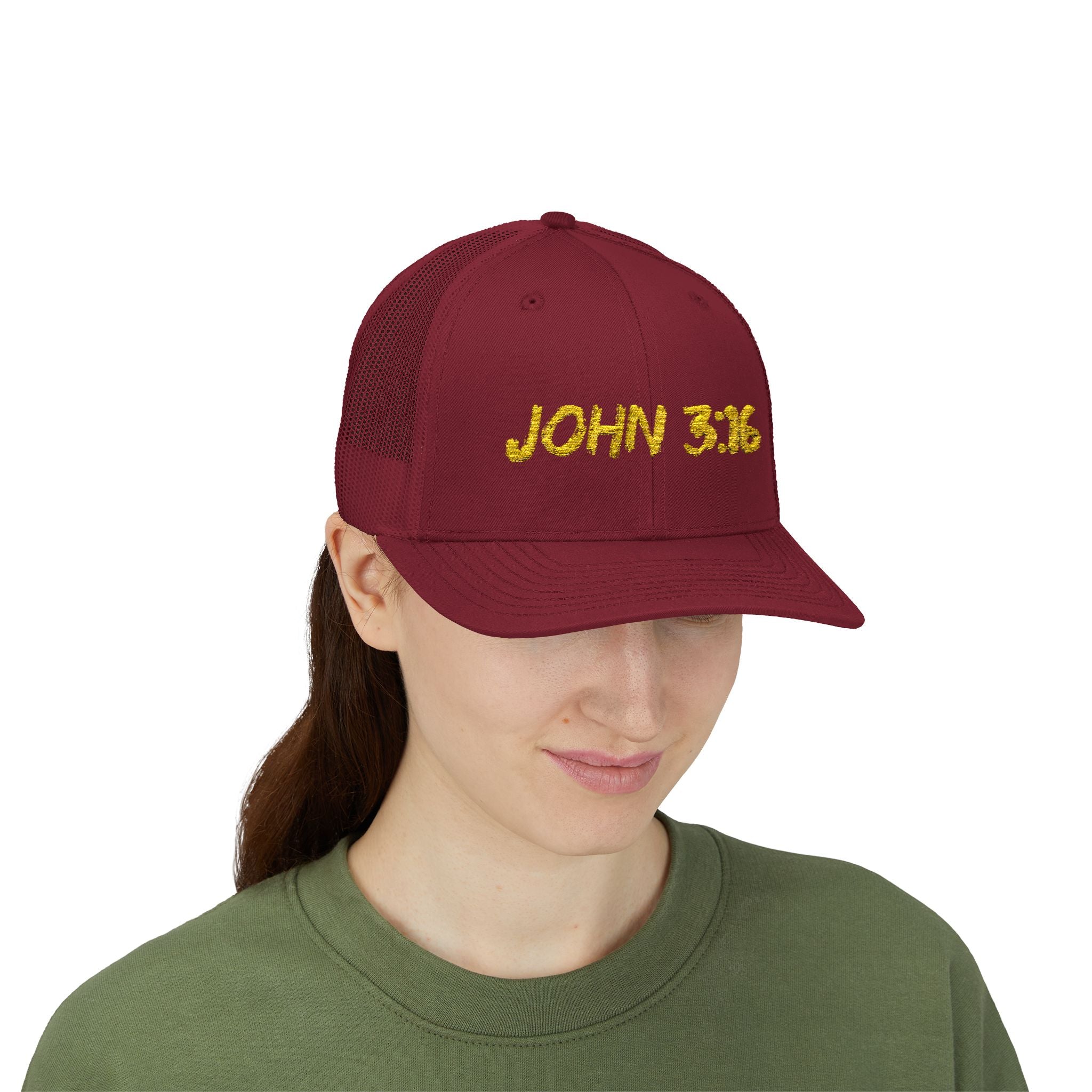 John 3:16 Trucker Cap — Embroidered Christian Snapback Mesh back Hat