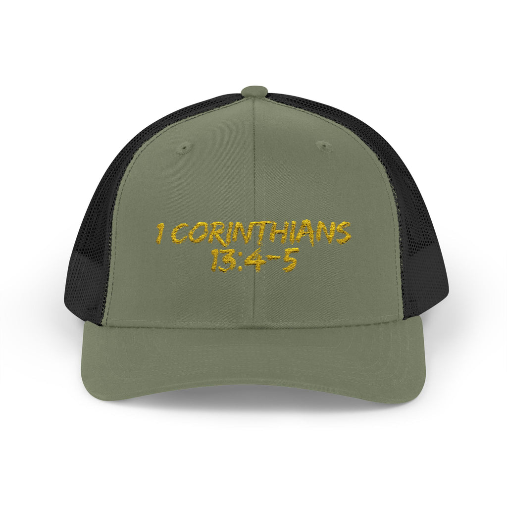 1 Corinthians 13:4-5 Trucker Cap — Customizable Mesh Back Hat