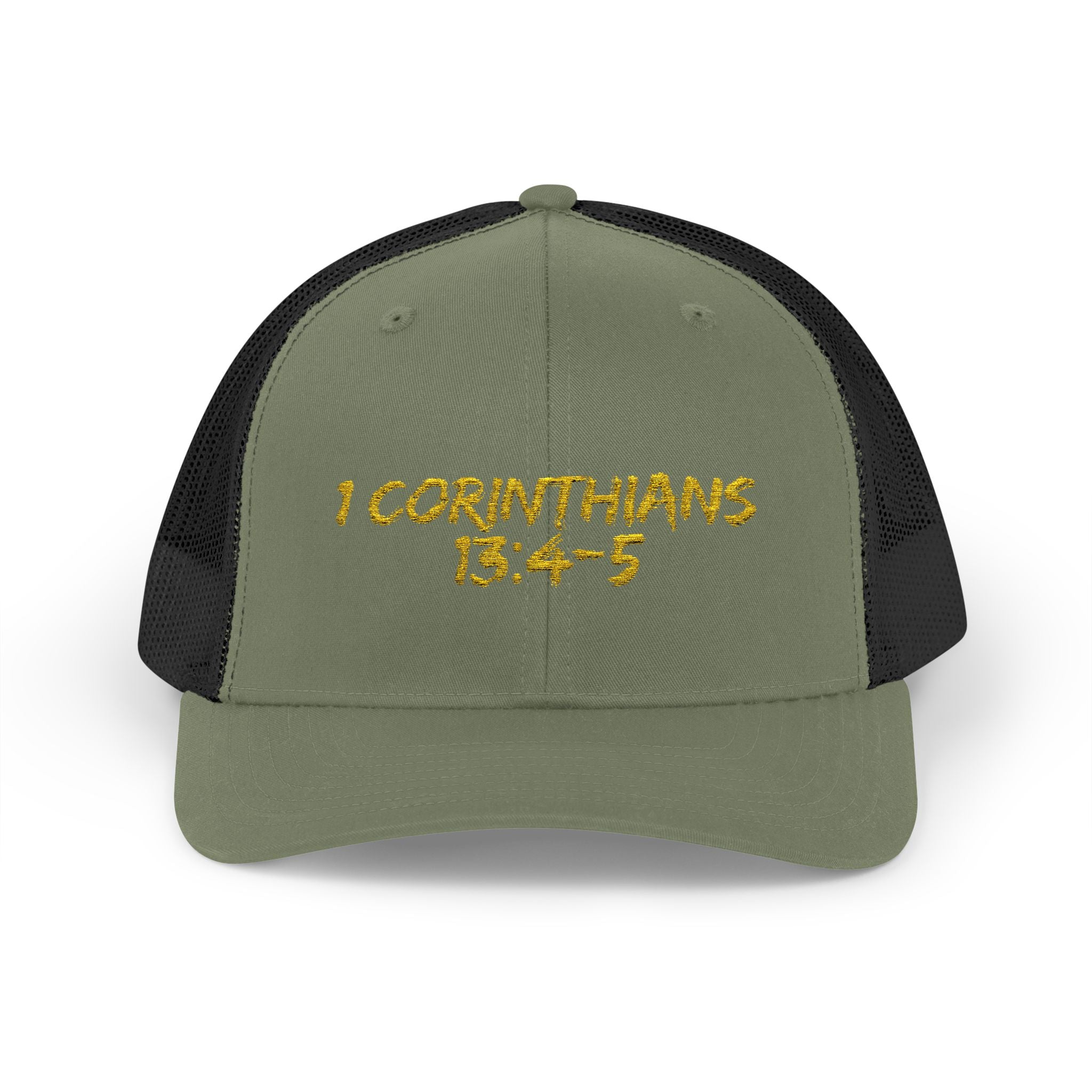 1 Corinthians 13:4-5 Trucker Cap — Customizable Mesh Back Hat