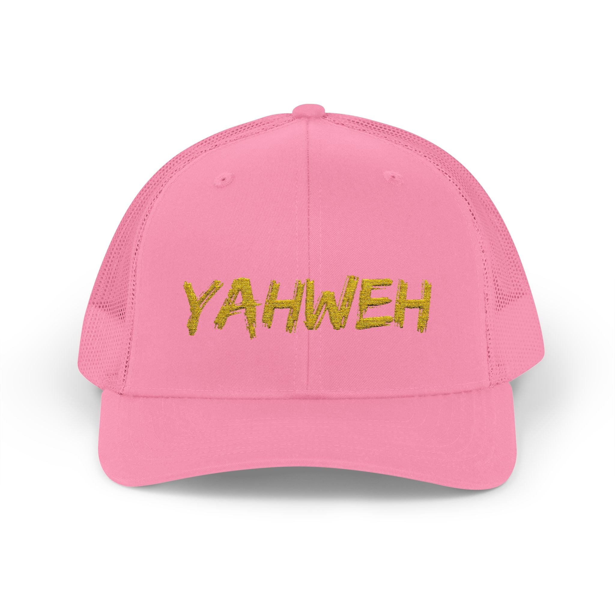YAHWEH Gold Script Snapback Trucker Cap — Faith-Inspired Mesh Back Hat