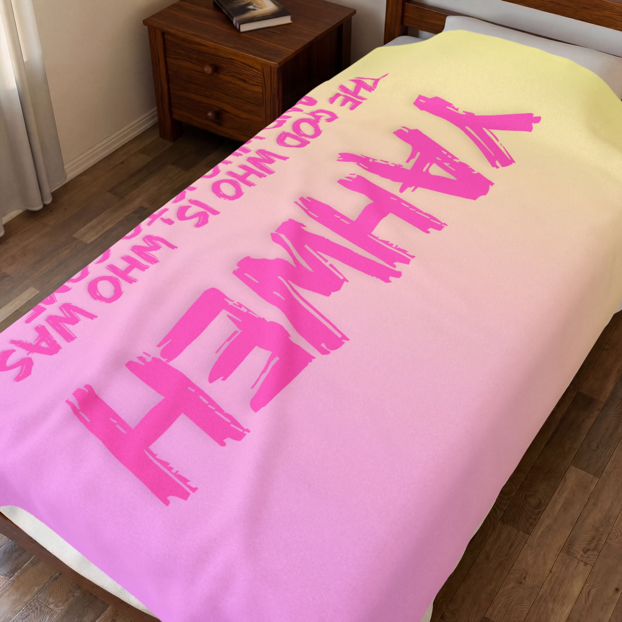Yahweh Velveteen Plush Blanket – Pink Gradient Faith Throw with Scripture Text