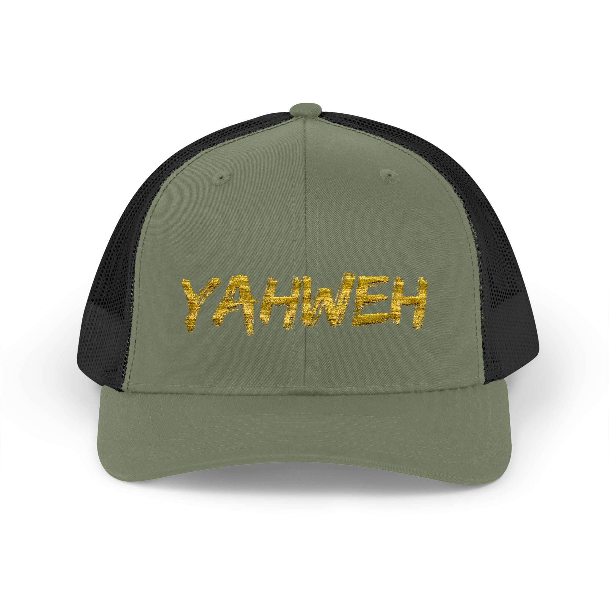 YAHWEH Gold Script Snapback Trucker Cap — Faith-Inspired Mesh Back Hat