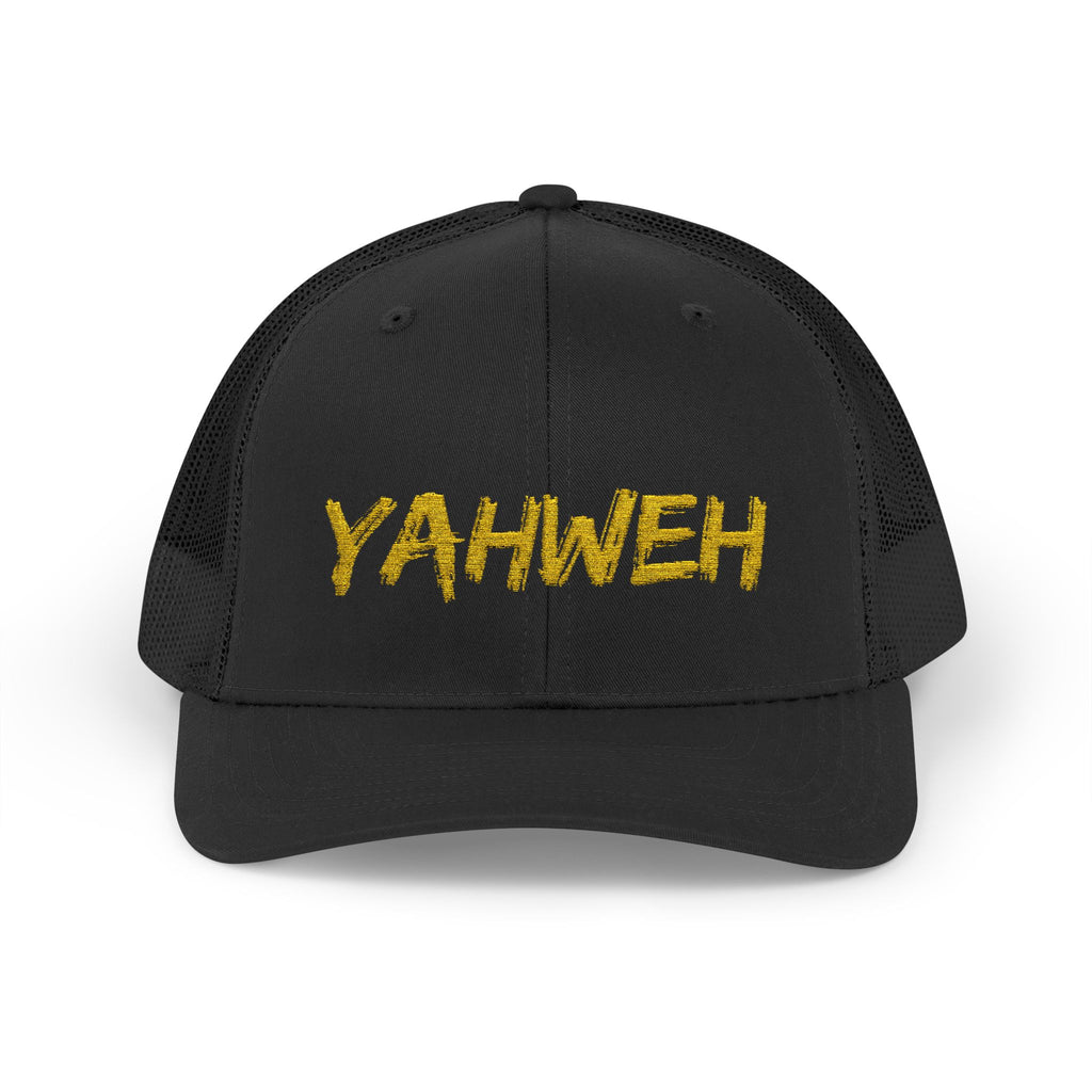 YAHWEH Gold Script Snapback Trucker Cap — Faith-Inspired Mesh Back Hat