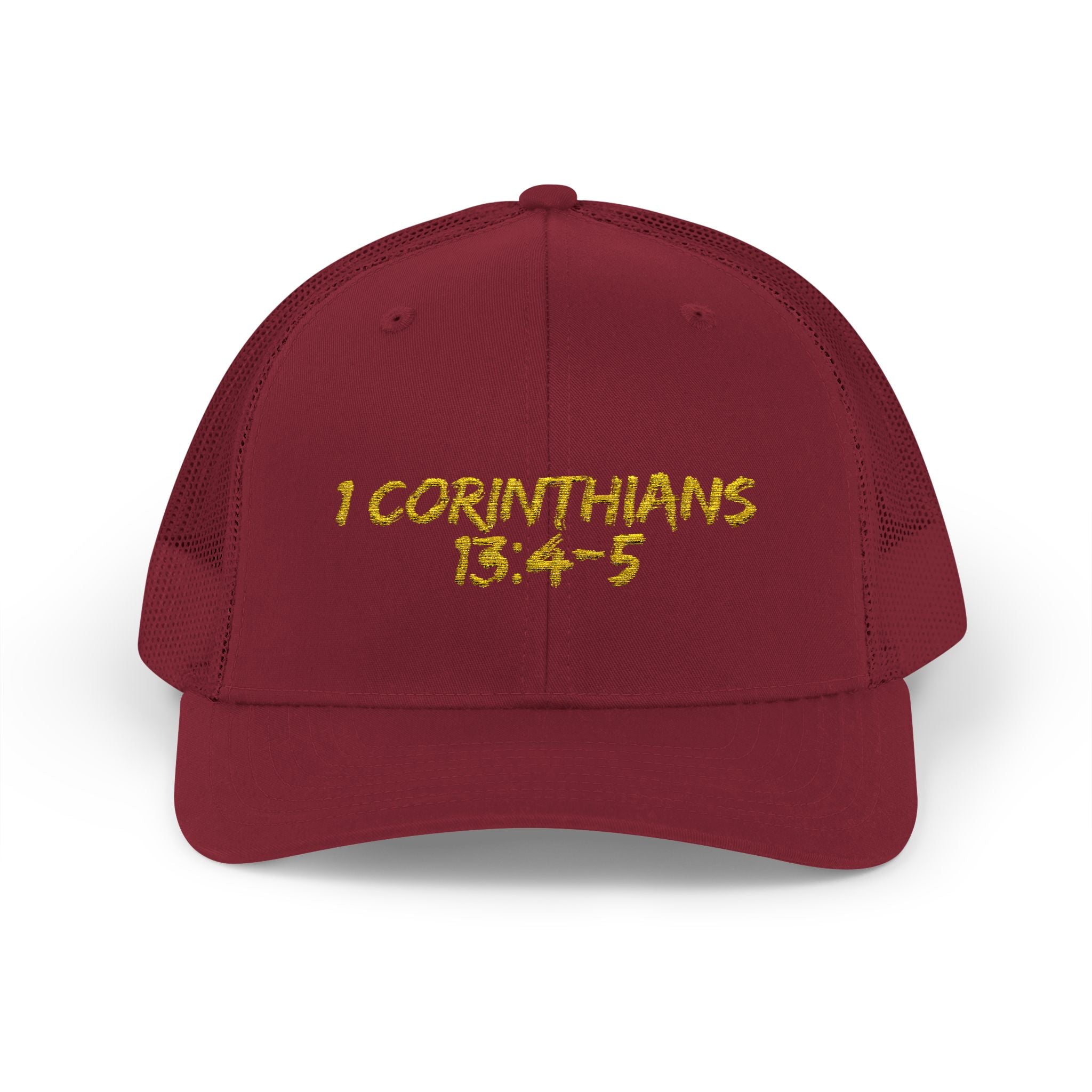 1 Corinthians 13:4-5 Trucker Cap — Customizable Mesh Back Hat