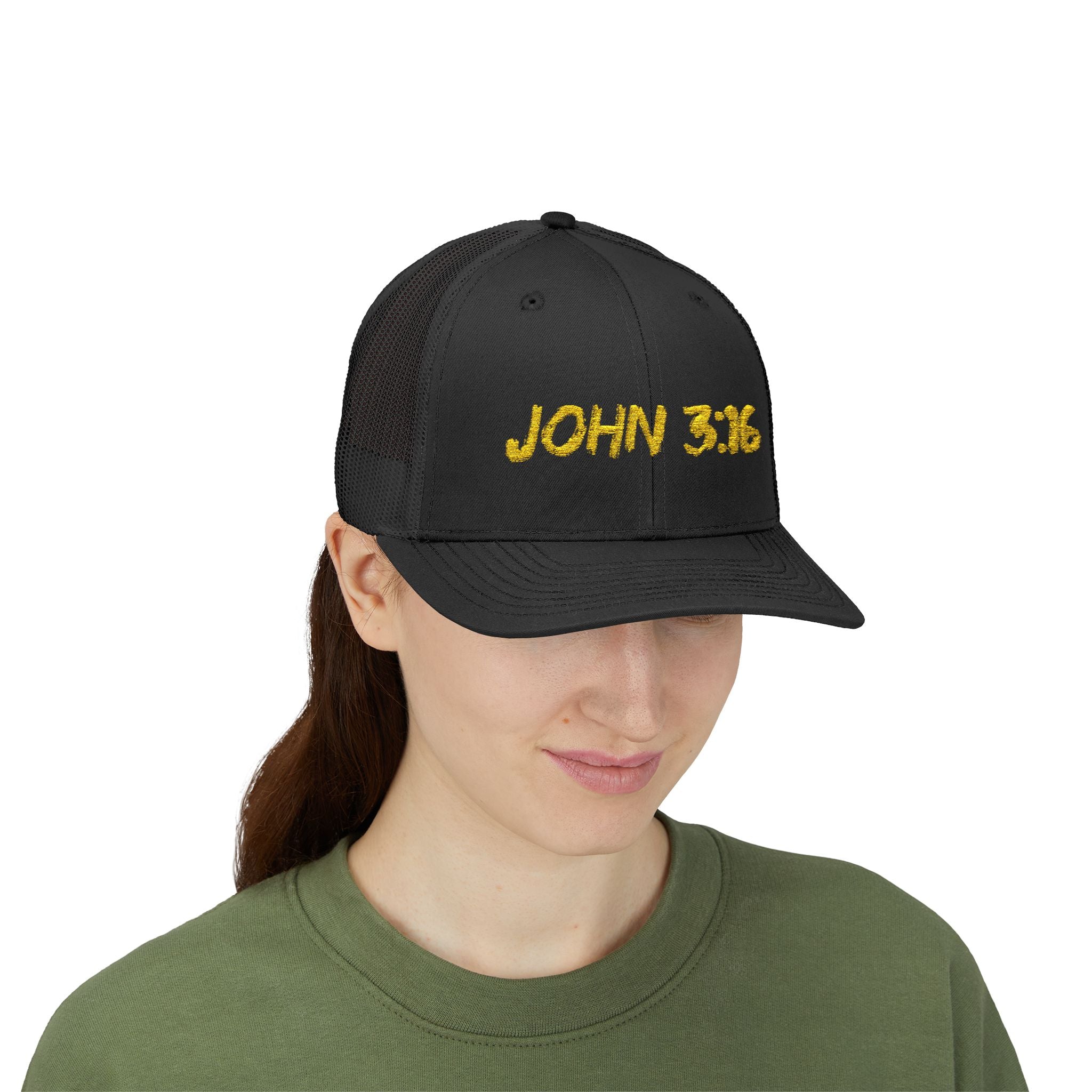 John 3:16 Trucker Cap — Embroidered Christian Snapback Mesh back Hat