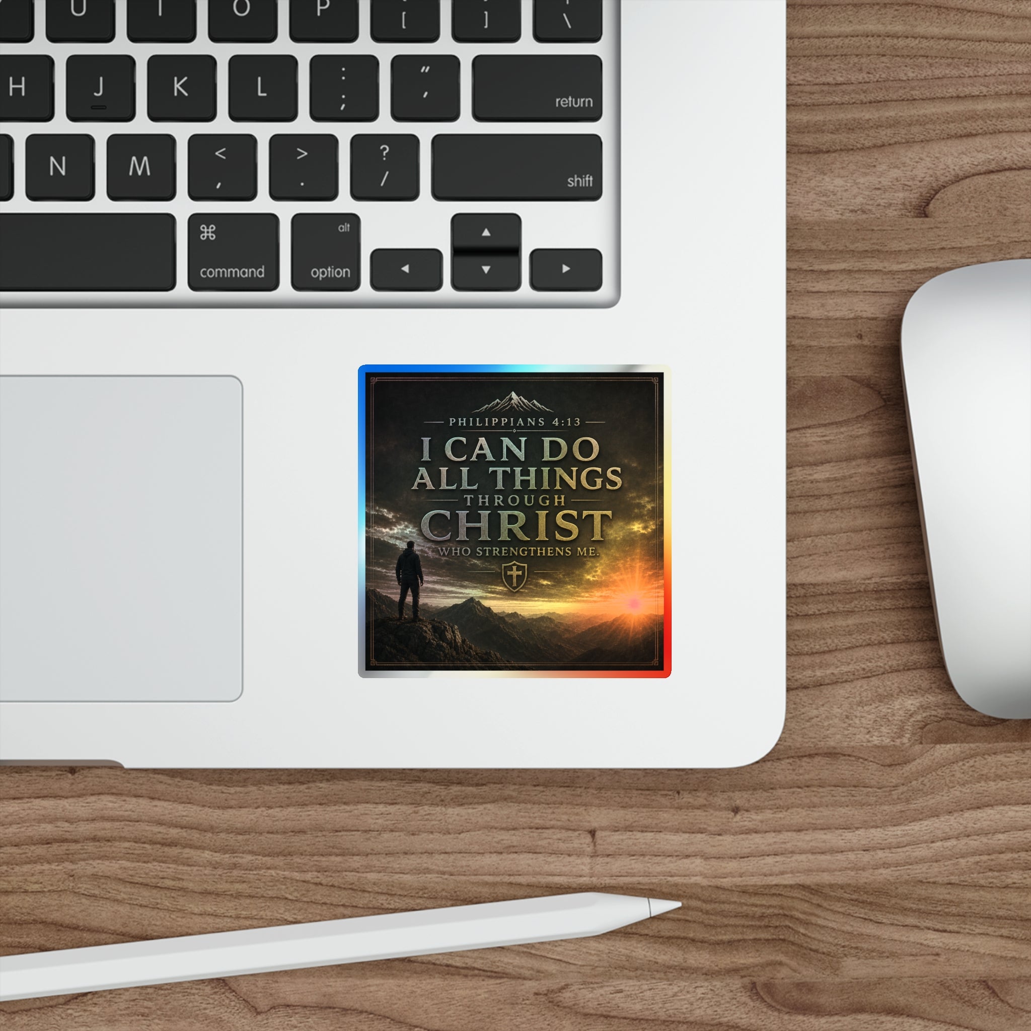 Holographic Die-Cut Sticker — "I Can Do All Things Through Christ" (Philippians 4:13)