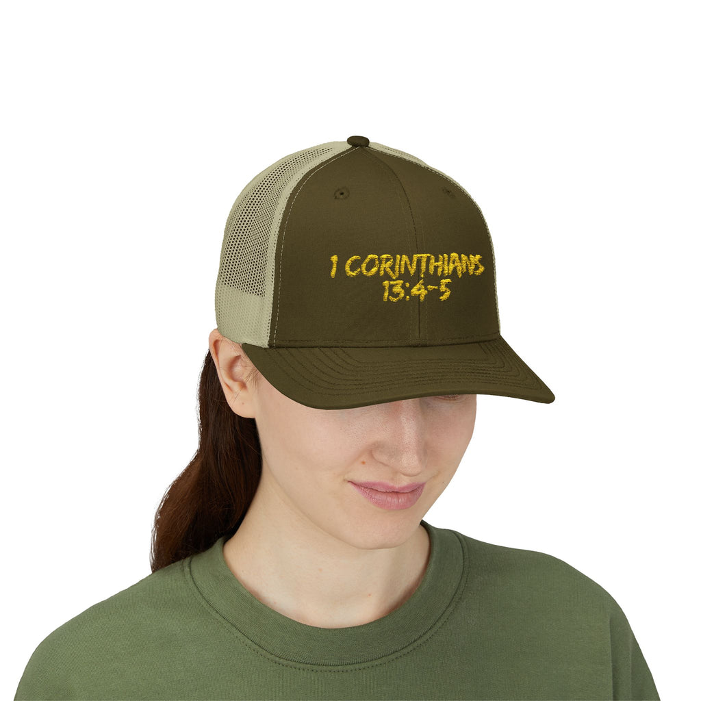 1 Corinthians 13:4-5 Trucker Cap — Customizable Mesh Back Hat