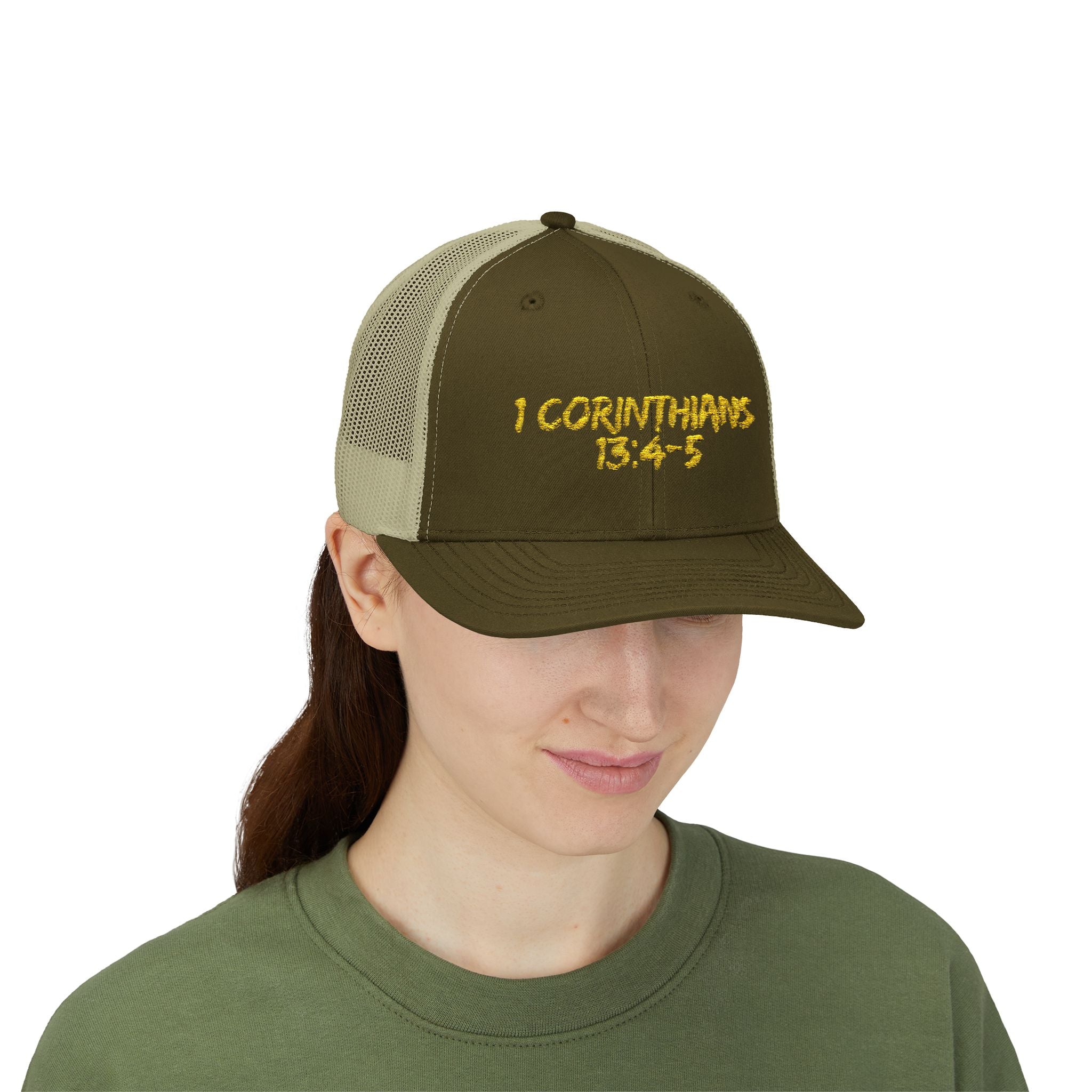 1 Corinthians 13:4-5 Trucker Cap — Customizable Mesh Back Hat