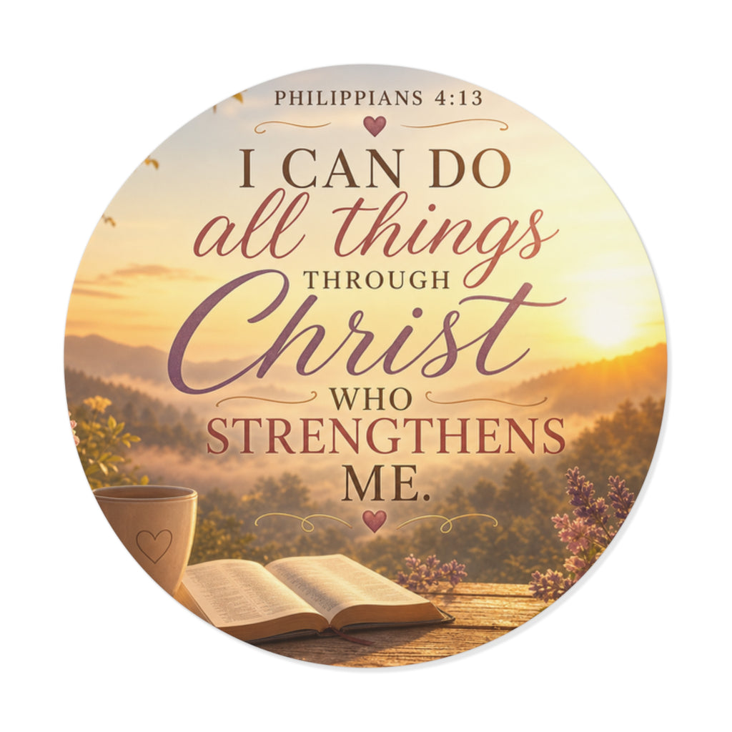 Round Vinyl Sticker — "I Can Do All Things Through Christ" Philippians 4:13 Inspirational Bible Verse