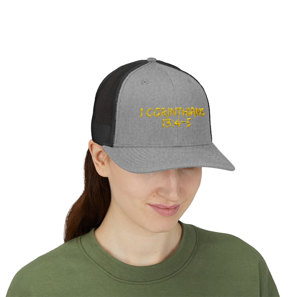 1 Corinthians 13:4-5 Trucker Cap — Customizable Mesh Back Hat