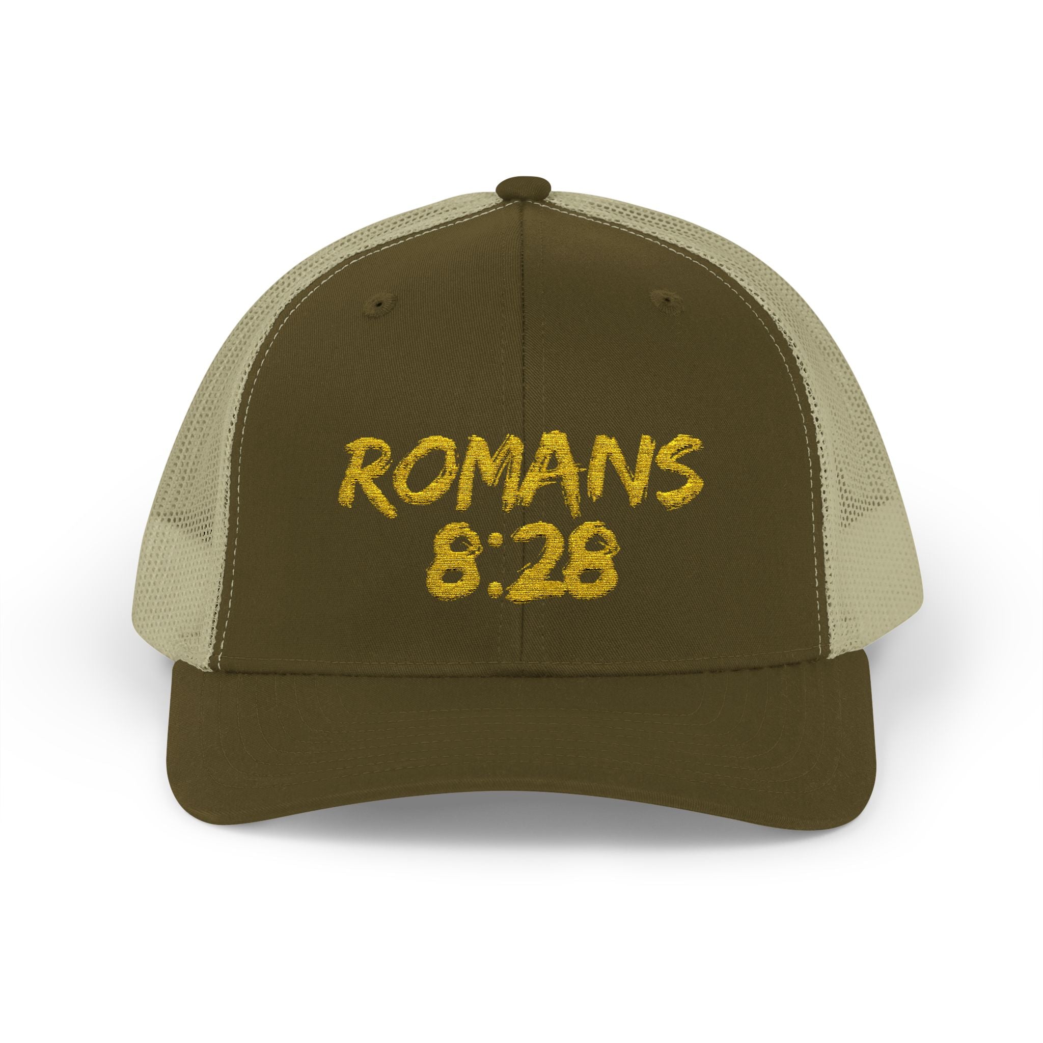 Romans 8:28 Trucker Cap — Christian Faith Snapback Hat Mesh Back