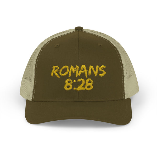 Romans 8:28 Trucker Cap — Christian Faith Snapback Hat Mesh Back