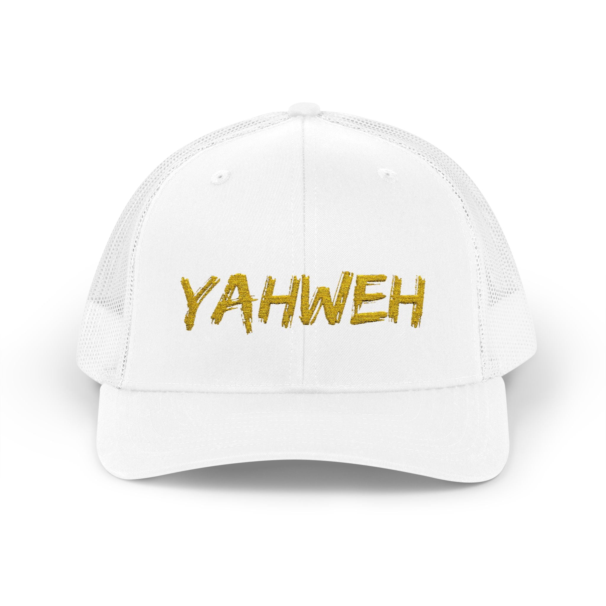 YAHWEH Gold Script Snapback Trucker Cap — Faith-Inspired Mesh Back Hat