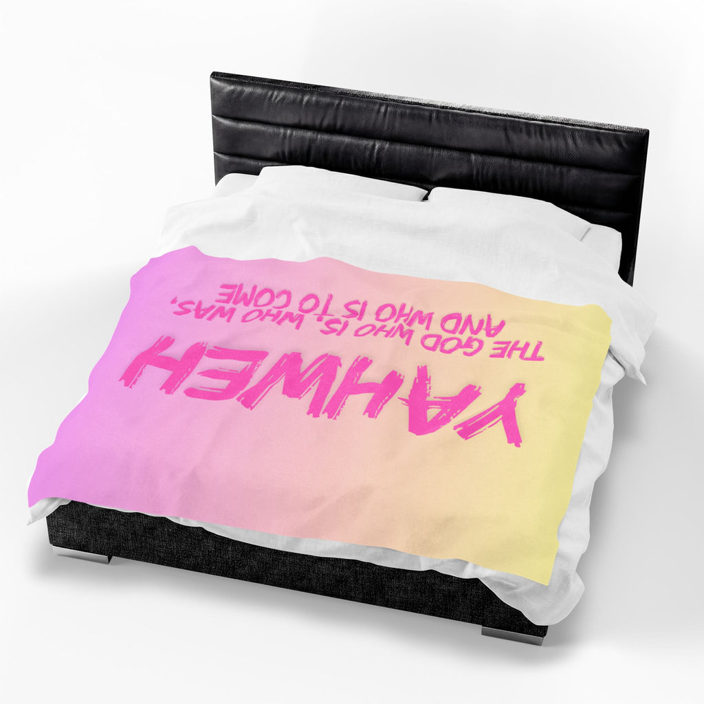 Yahweh Velveteen Plush Blanket – Pink Gradient Faith Throw with Scripture Text