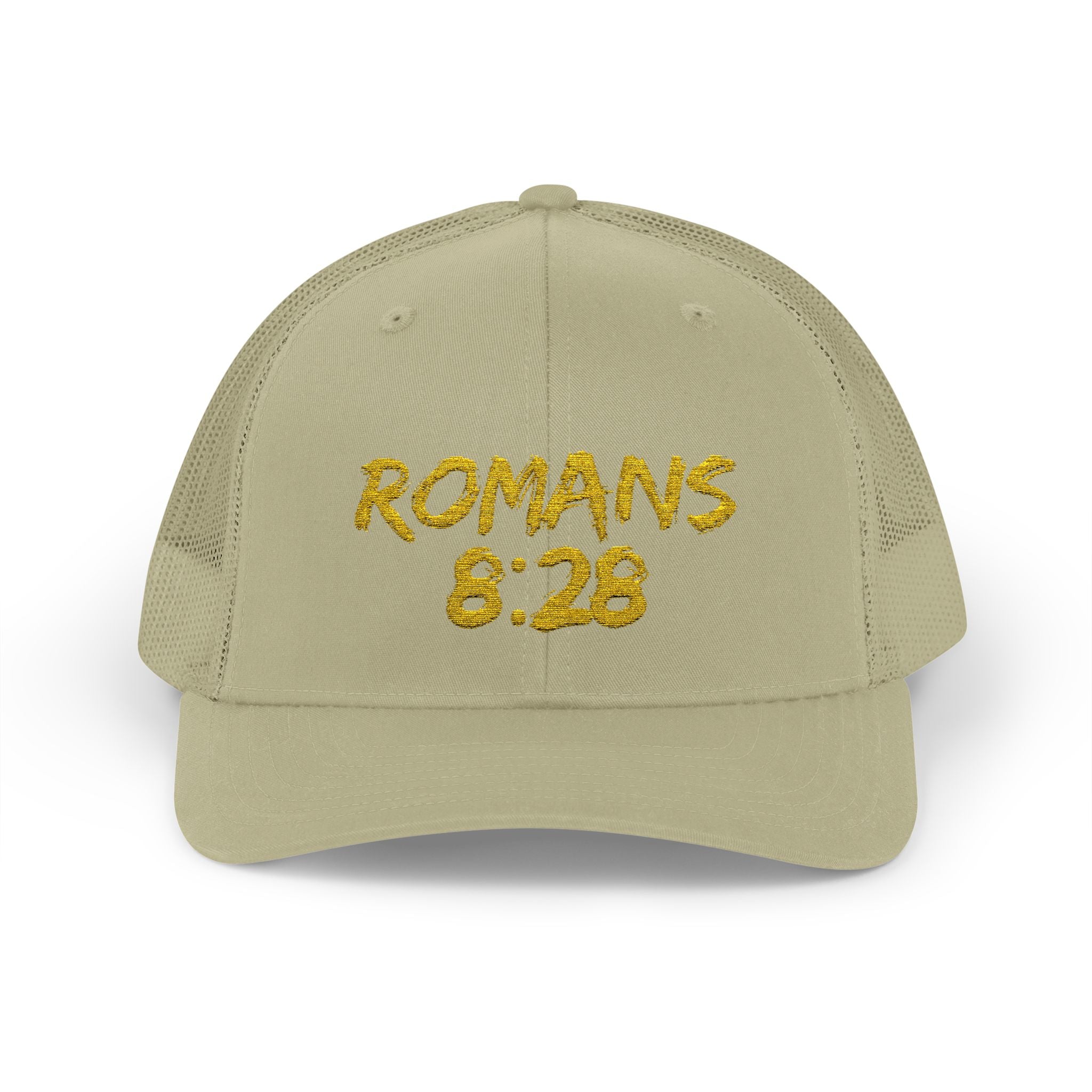 Romans 8:28 Trucker Cap — Christian Faith Snapback Hat Mesh Back
