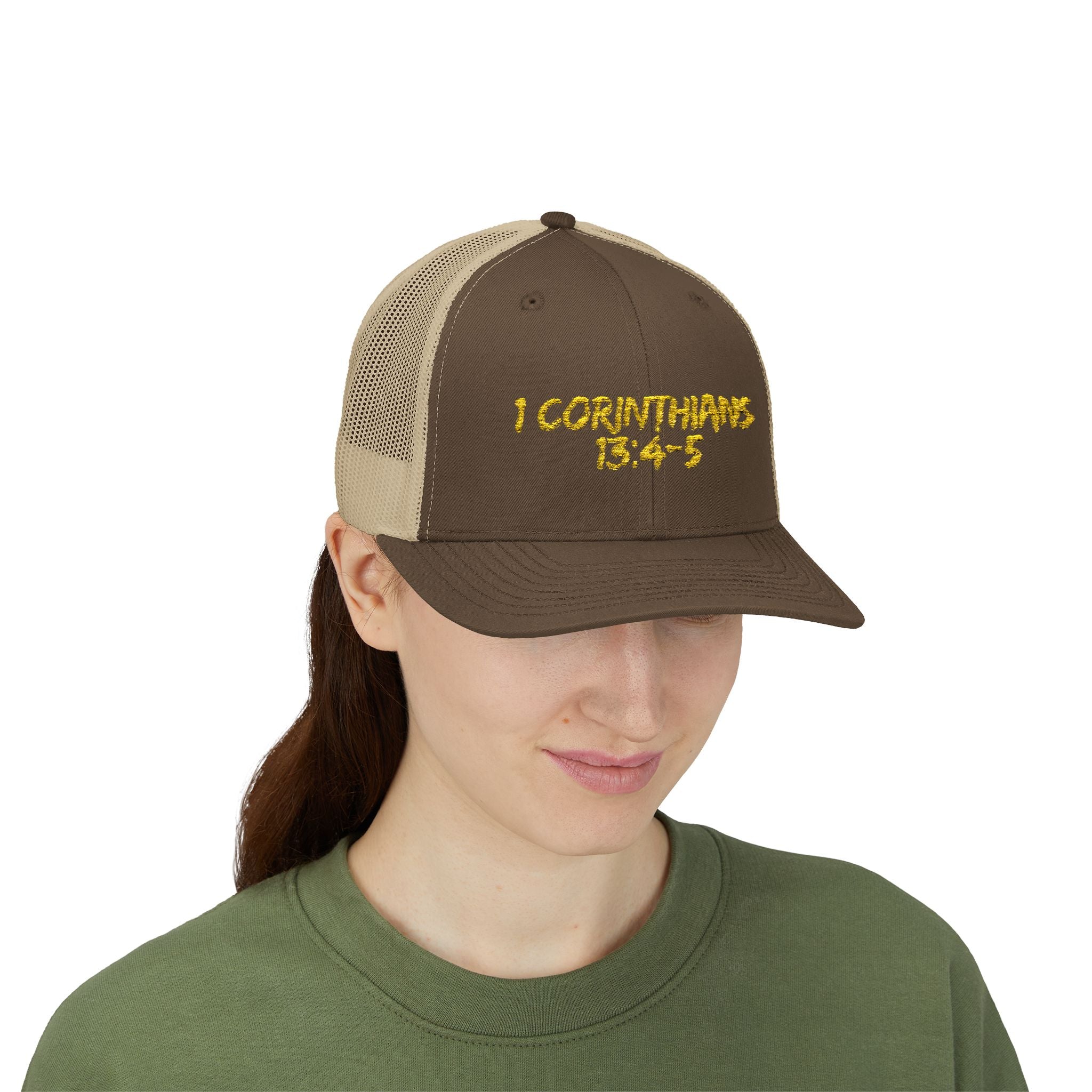 1 Corinthians 13:4-5 Trucker Cap — Customizable Mesh Back Hat