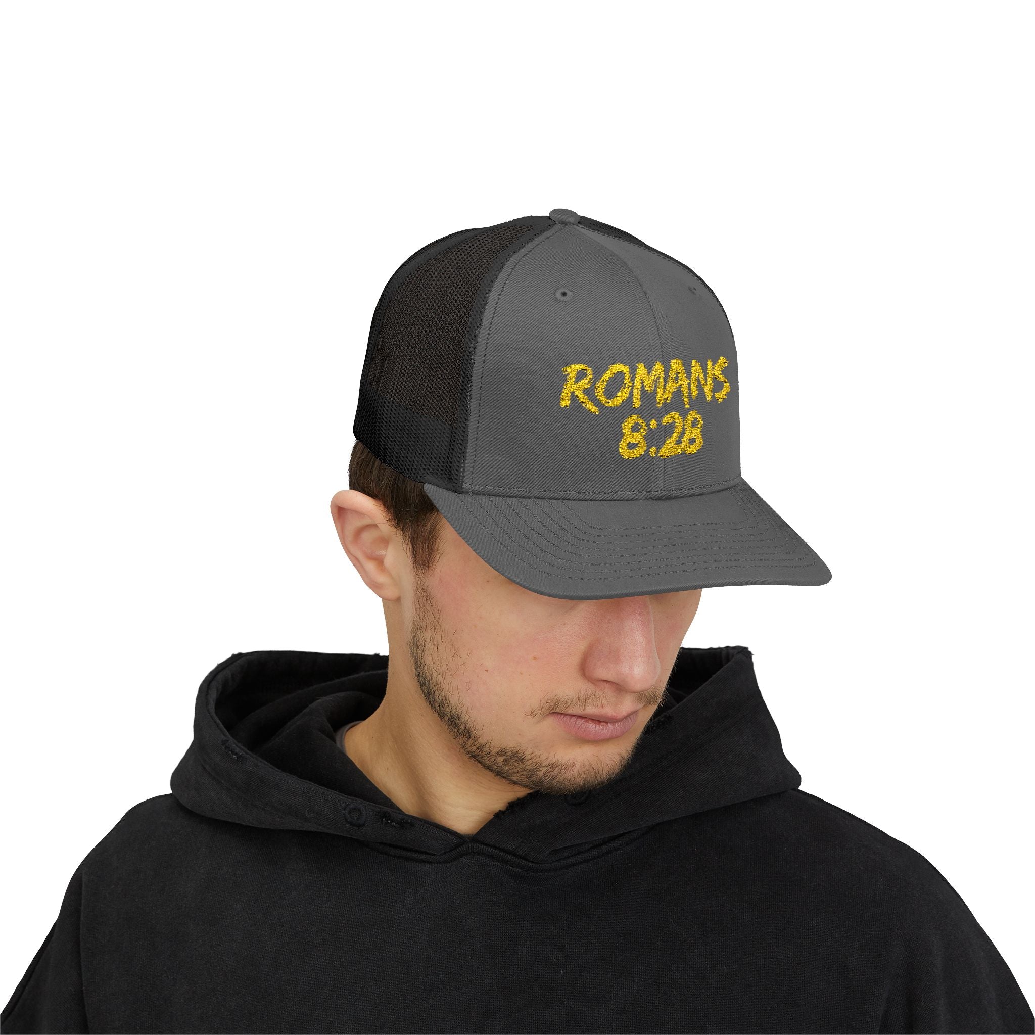 Romans 8:28 Trucker Cap — Christian Faith Snapback Hat Mesh Back