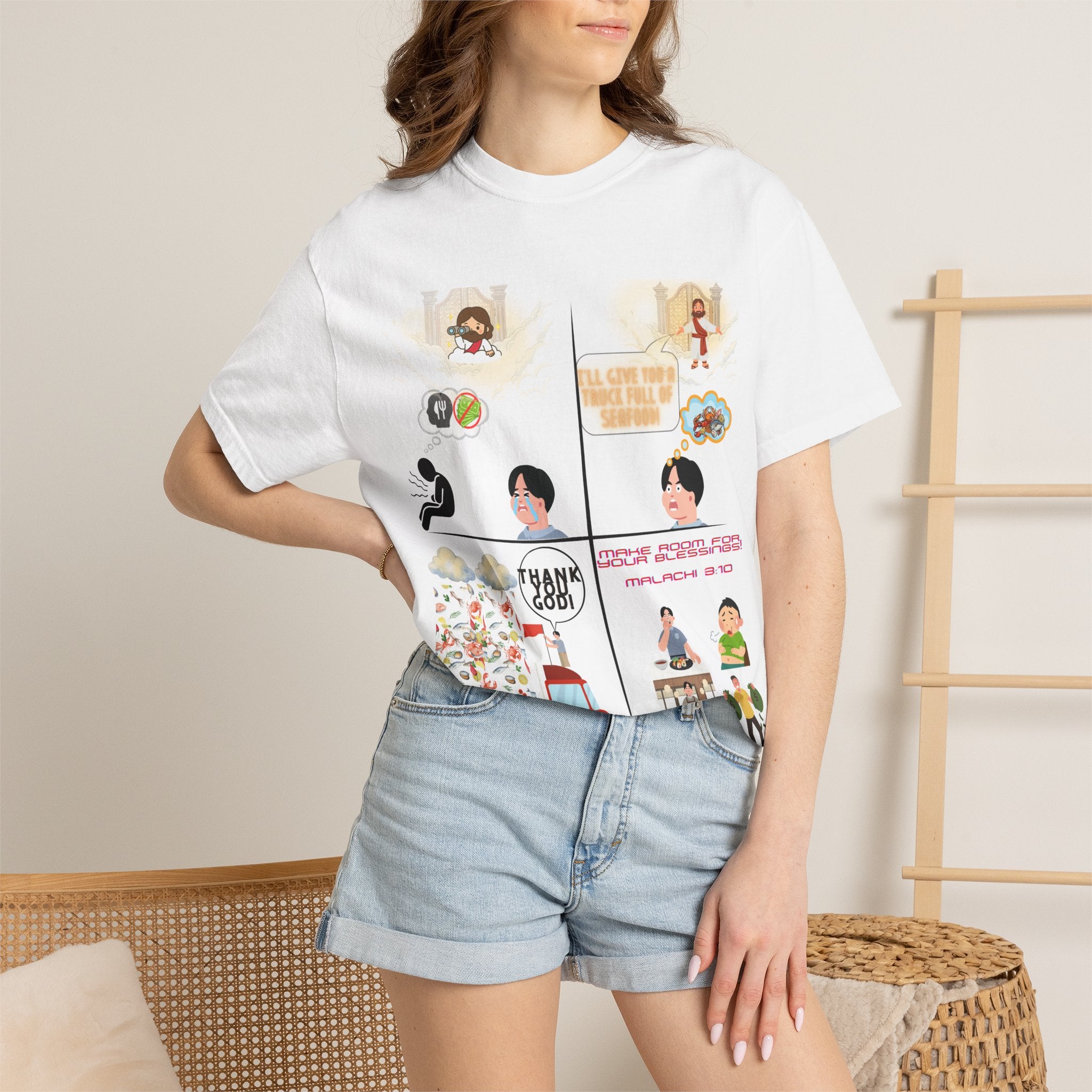 Graphic Panel T-Shirt — Cute Storyboard Illustrations "Make Room For Your Blessings"