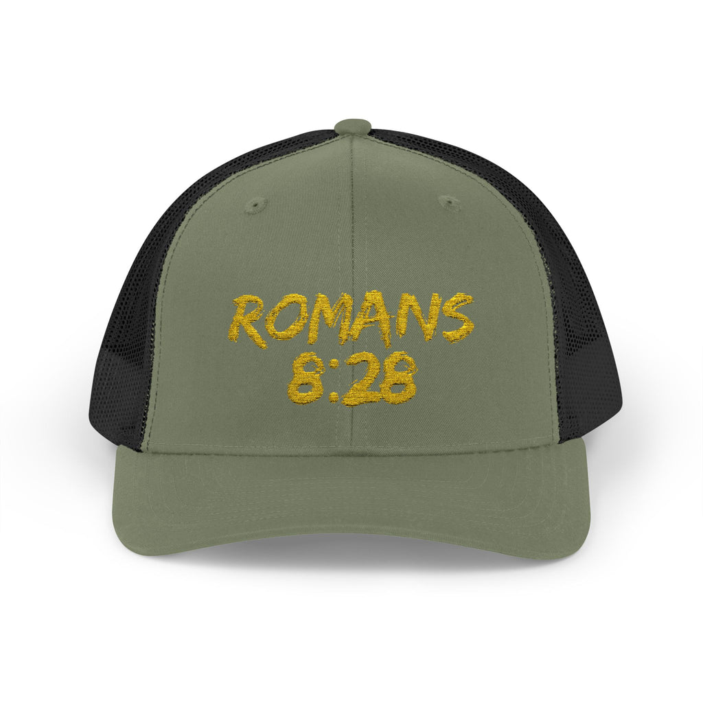 Romans 8:28 Trucker Cap — Christian Faith Snapback Hat Mesh Back