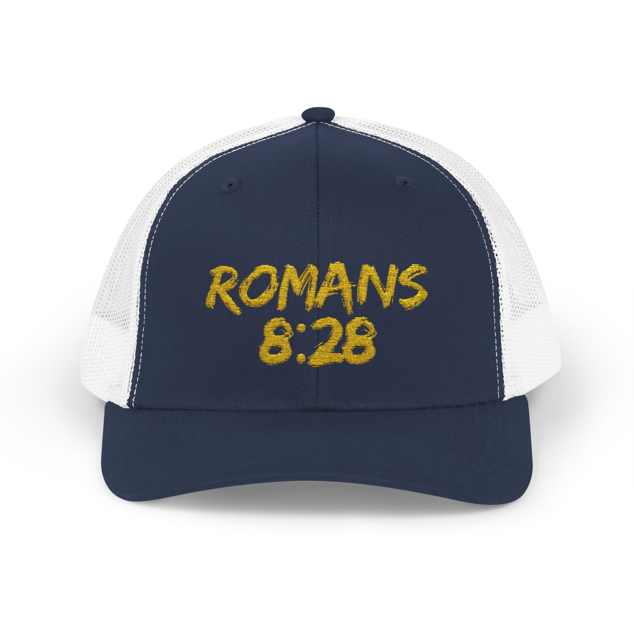 Romans 8:28 Trucker Cap — Christian Faith Snapback Hat Mesh Back