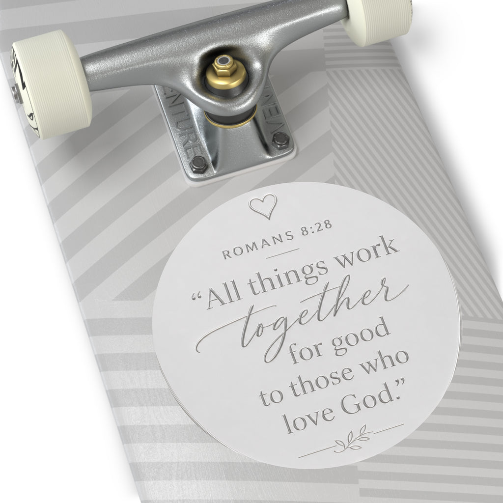 Romans 8:28 Round Vinyl Sticker — "All Things Work Together" Inspirational Christian Decal