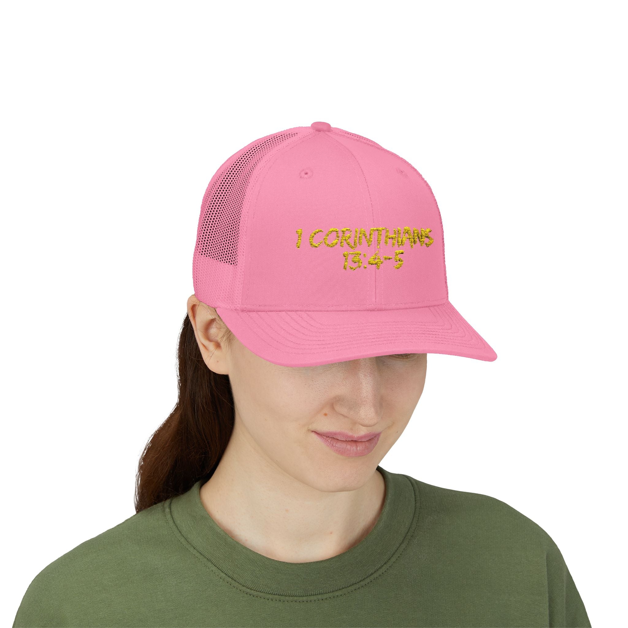 1 Corinthians 13:4-5 Trucker Cap — Customizable Mesh Back Hat