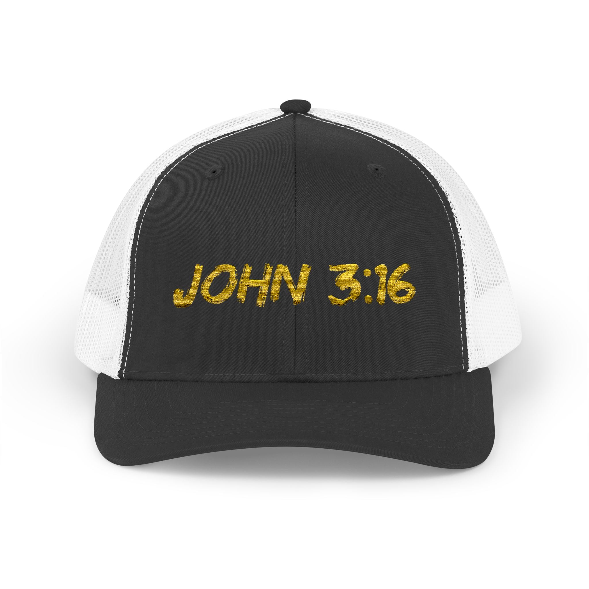 John 3:16 Trucker Cap — Embroidered Christian Snapback Mesh back Hat