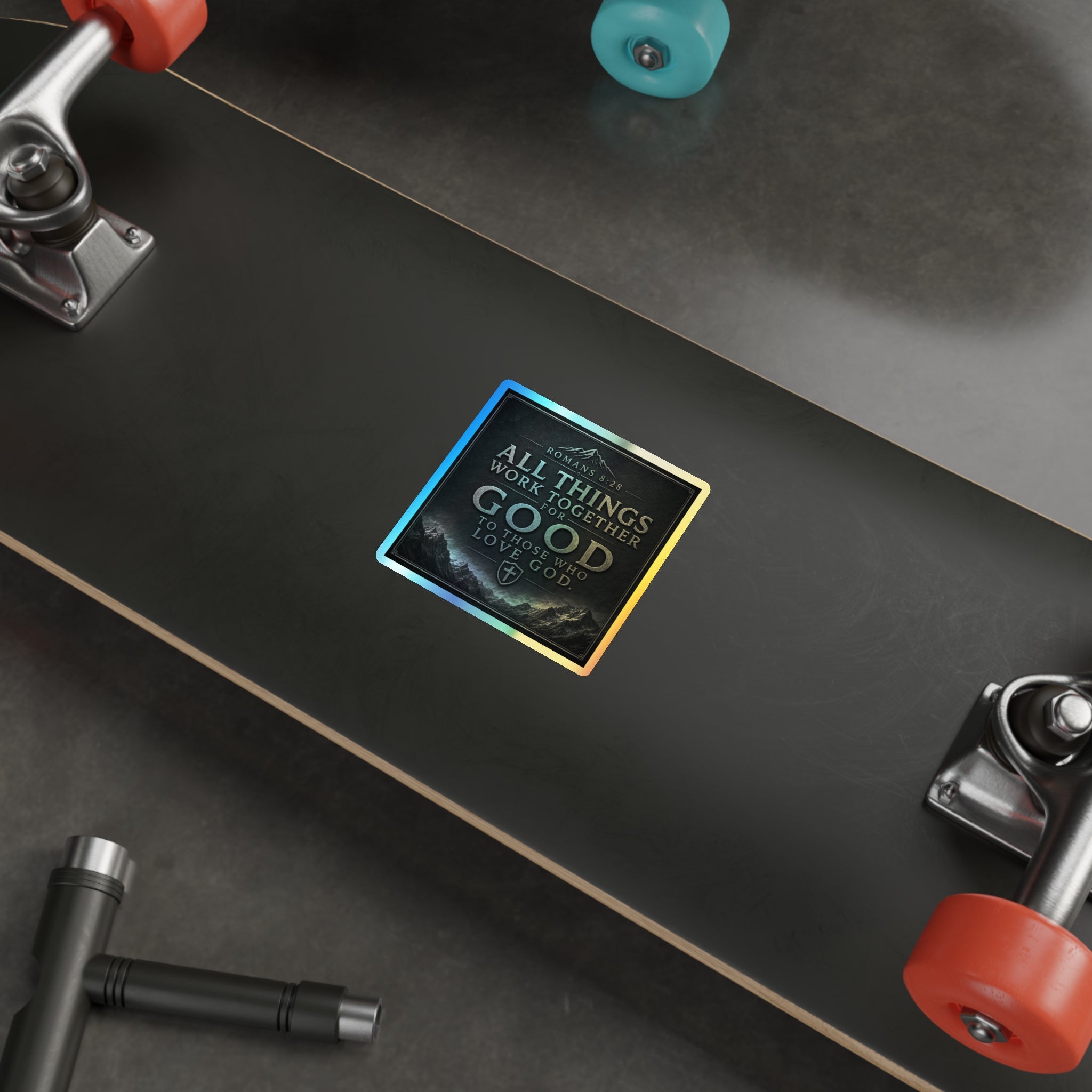 Holographic Faith Sticker — "All Things Work Together for Good" (Romans 8:28)