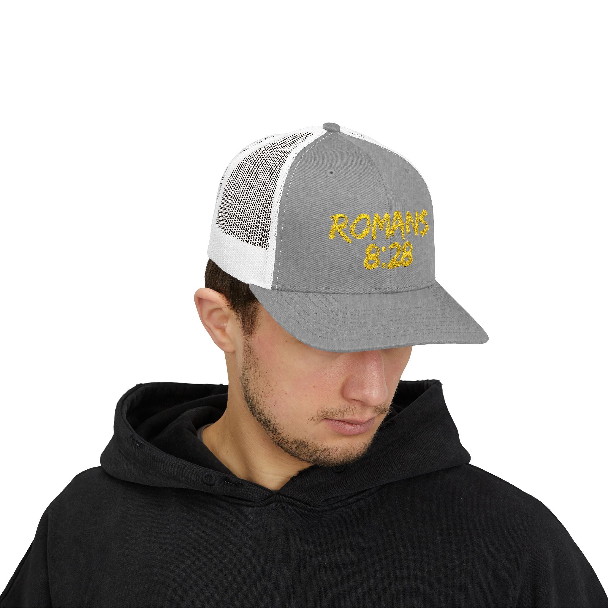Romans 8:28 Trucker Cap — Christian Faith Snapback Hat Mesh Back