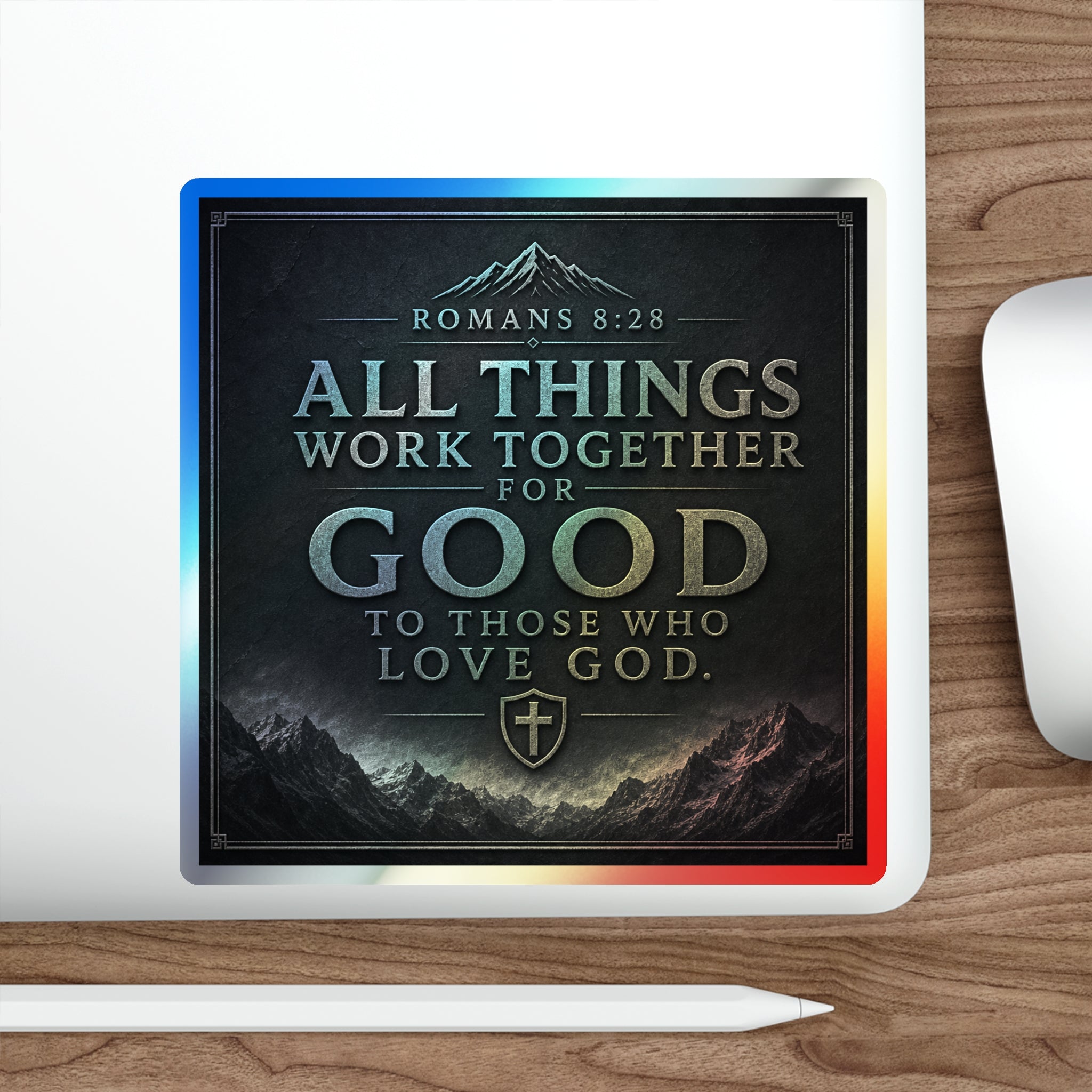 Holographic Faith Sticker — "All Things Work Together for Good" (Romans 8:28)