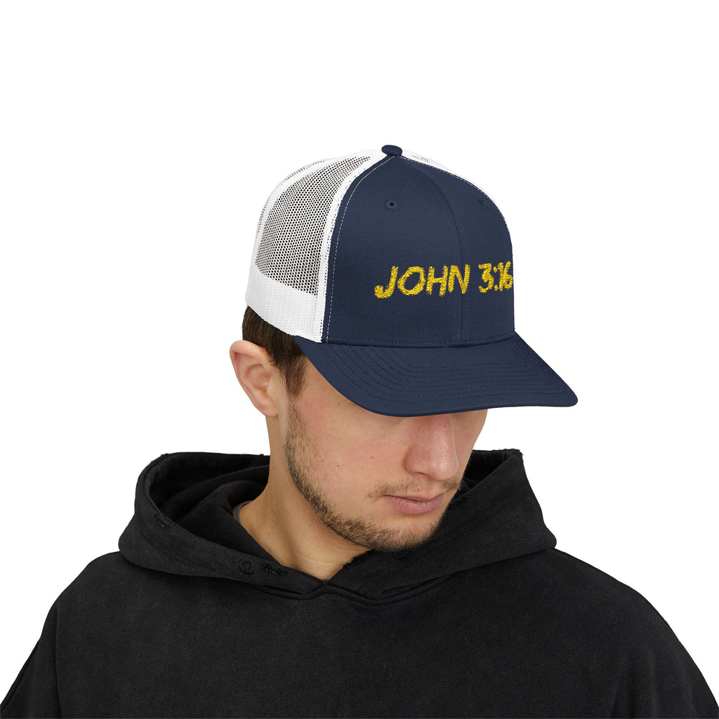John 3:16 Trucker Cap — Embroidered Christian Snapback Mesh back Hat