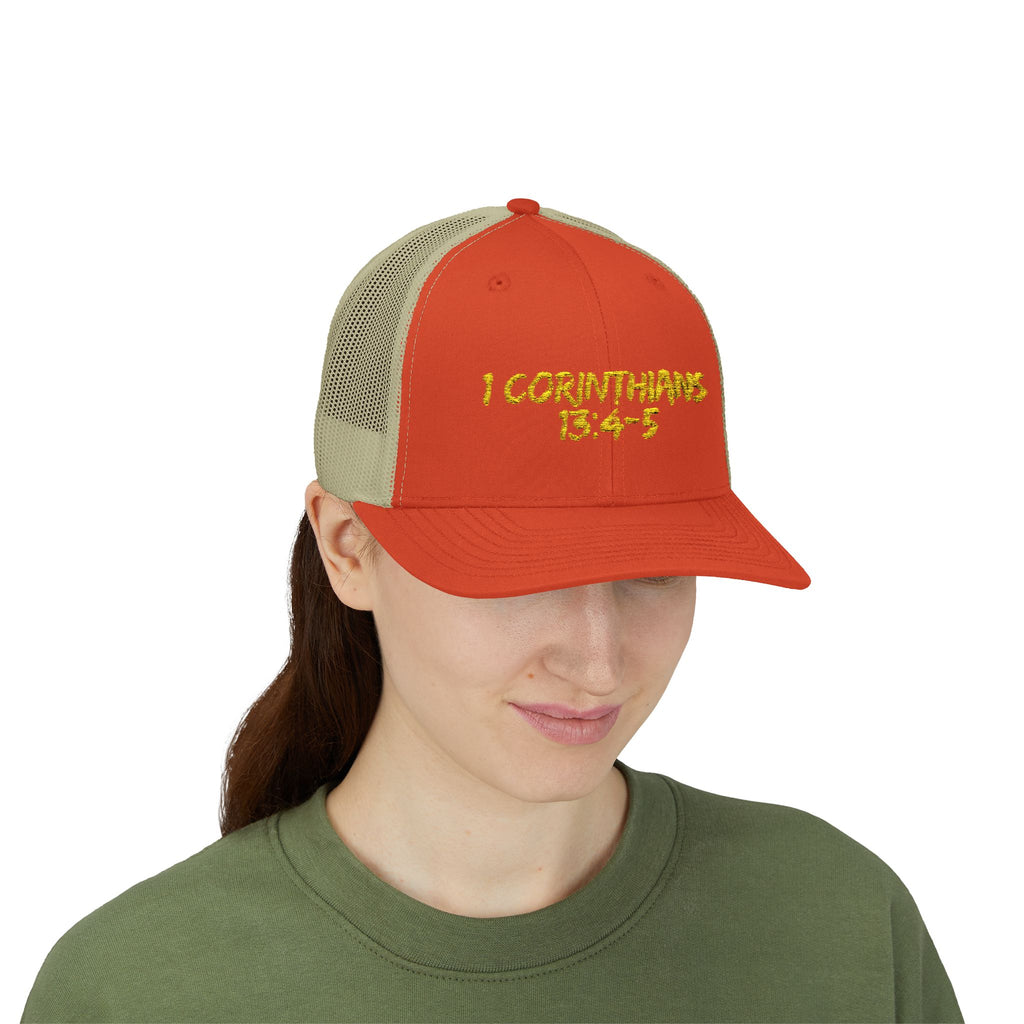 1 Corinthians 13:4-5 Trucker Cap — Customizable Mesh Back Hat