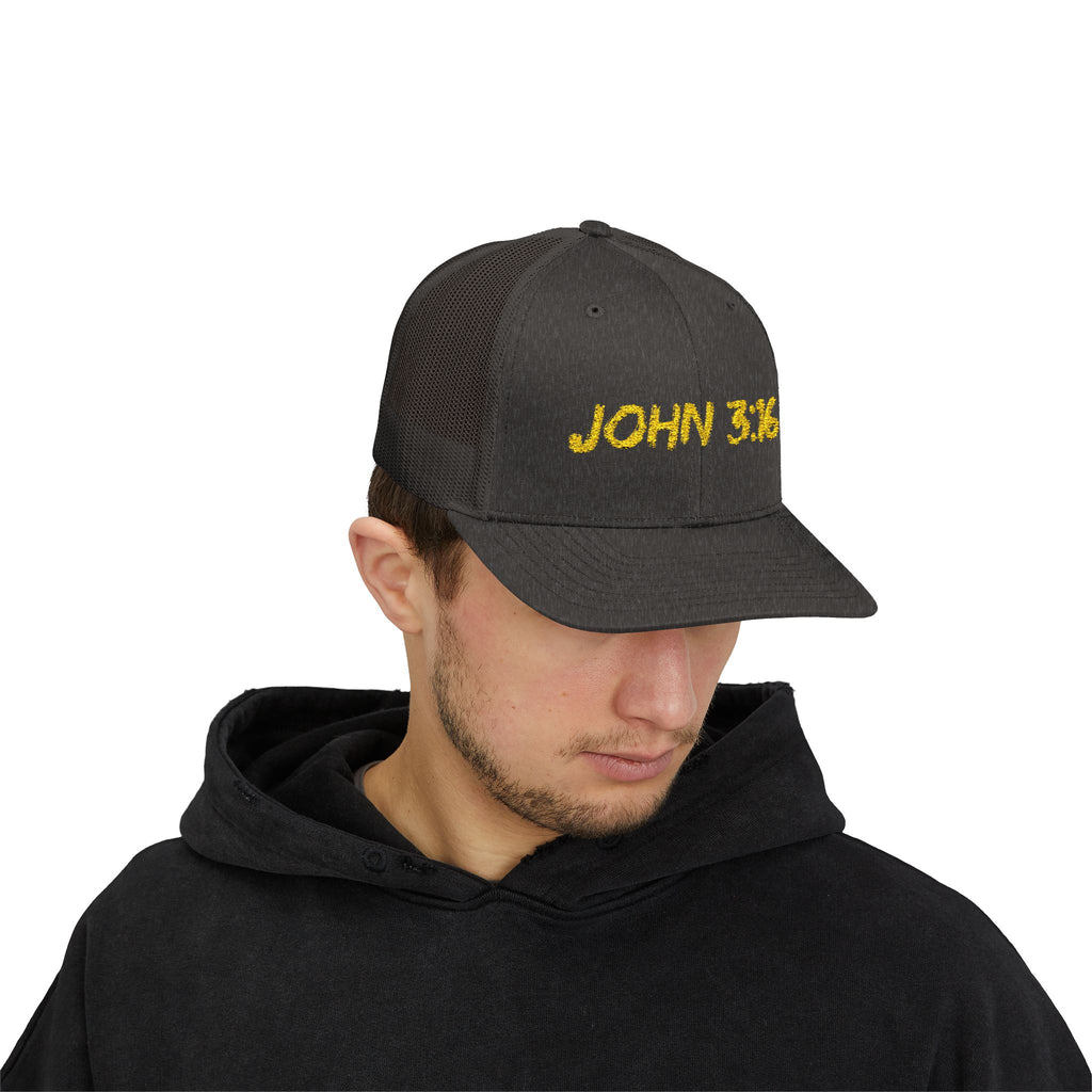 John 3:16 Trucker Cap — Embroidered Christian Snapback Mesh back Hat