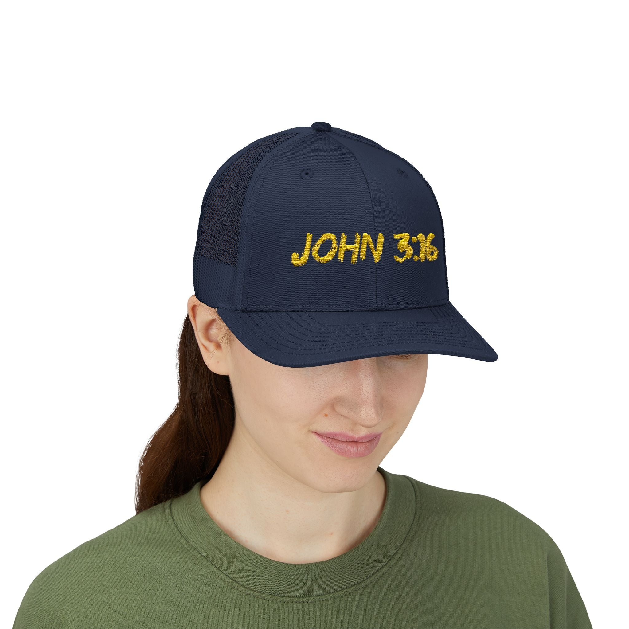 John 3:16 Trucker Cap — Embroidered Christian Snapback Mesh back Hat
