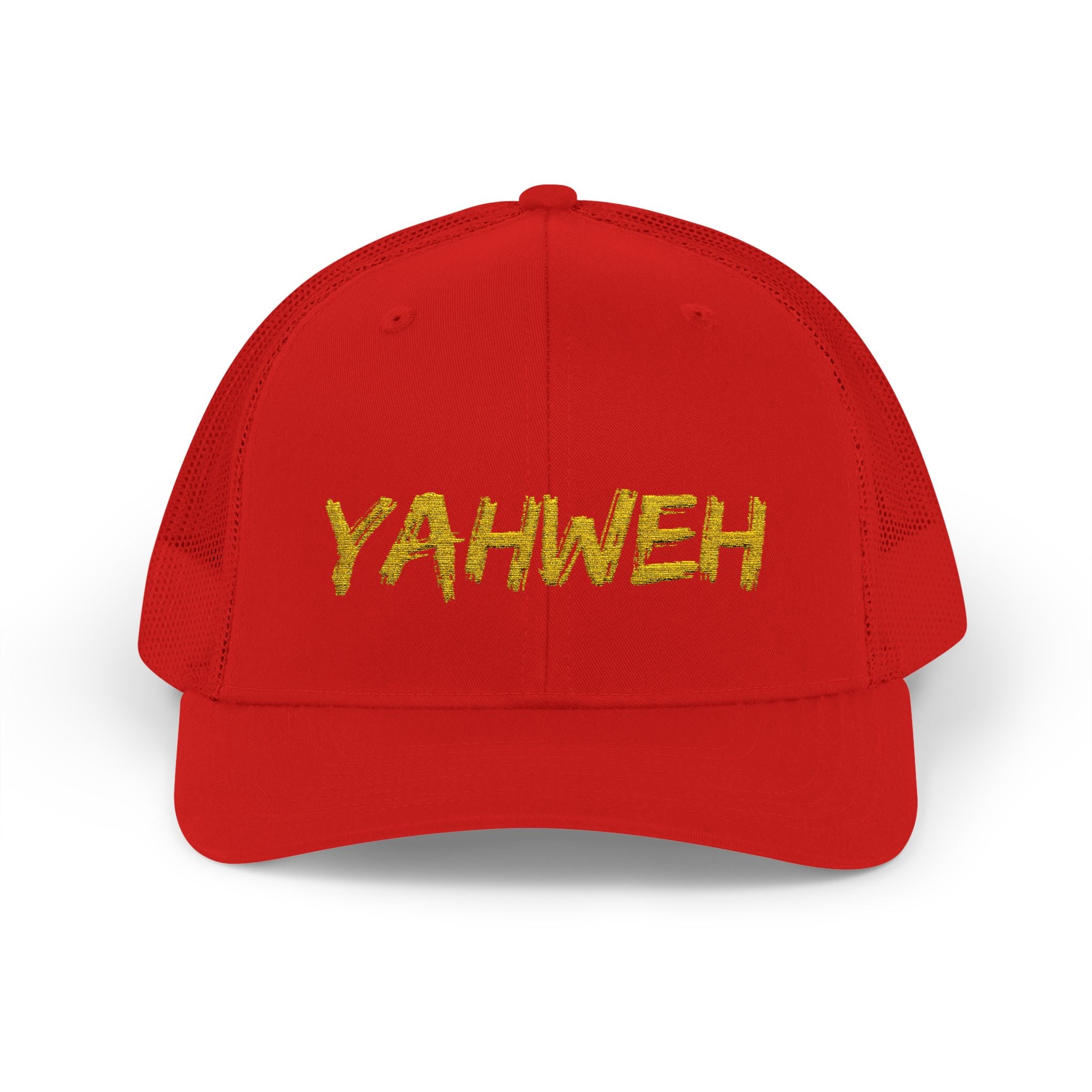 YAHWEH Gold Script Snapback Trucker Cap — Faith-Inspired Mesh Back Hat