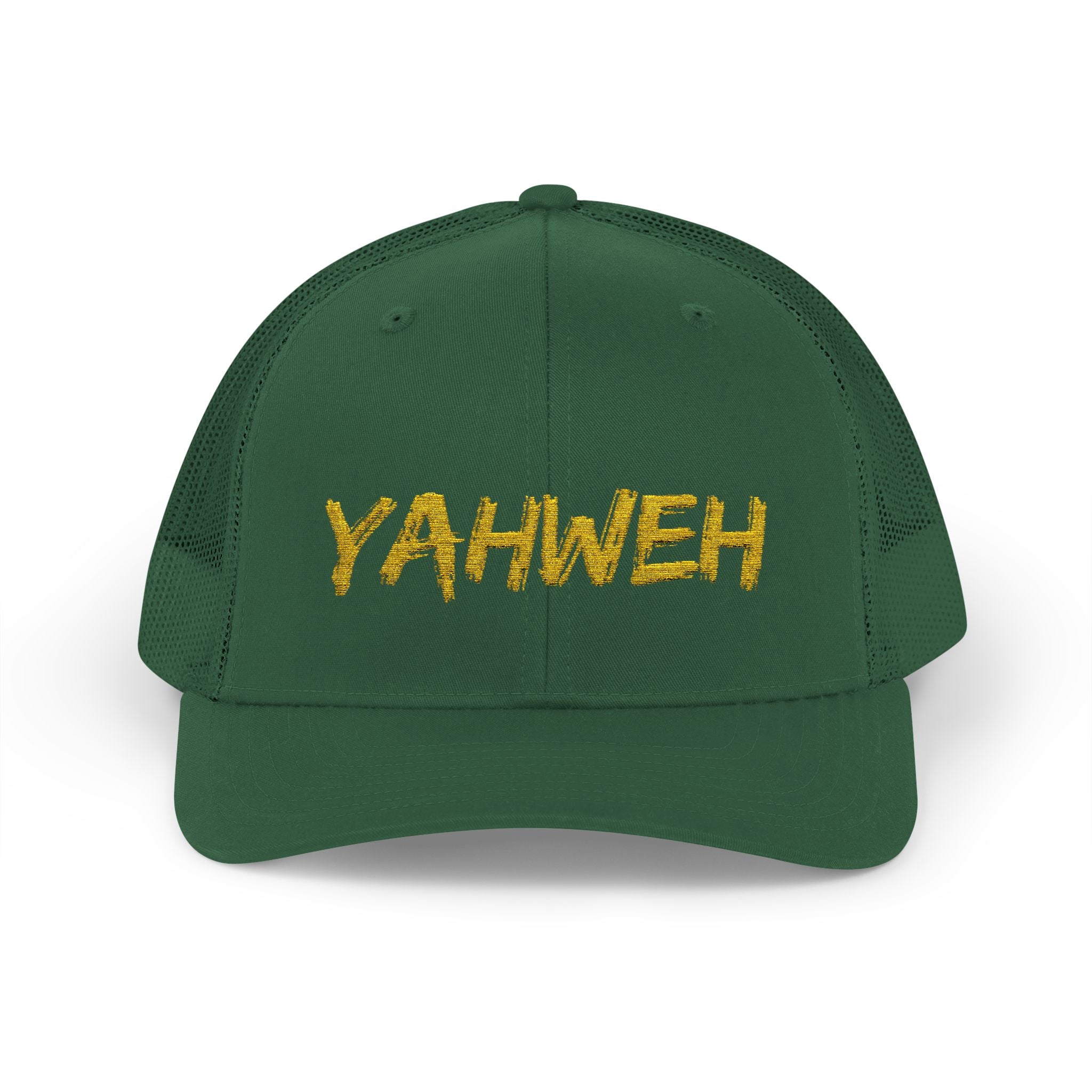 YAHWEH Gold Script Snapback Trucker Cap — Faith-Inspired Mesh Back Hat