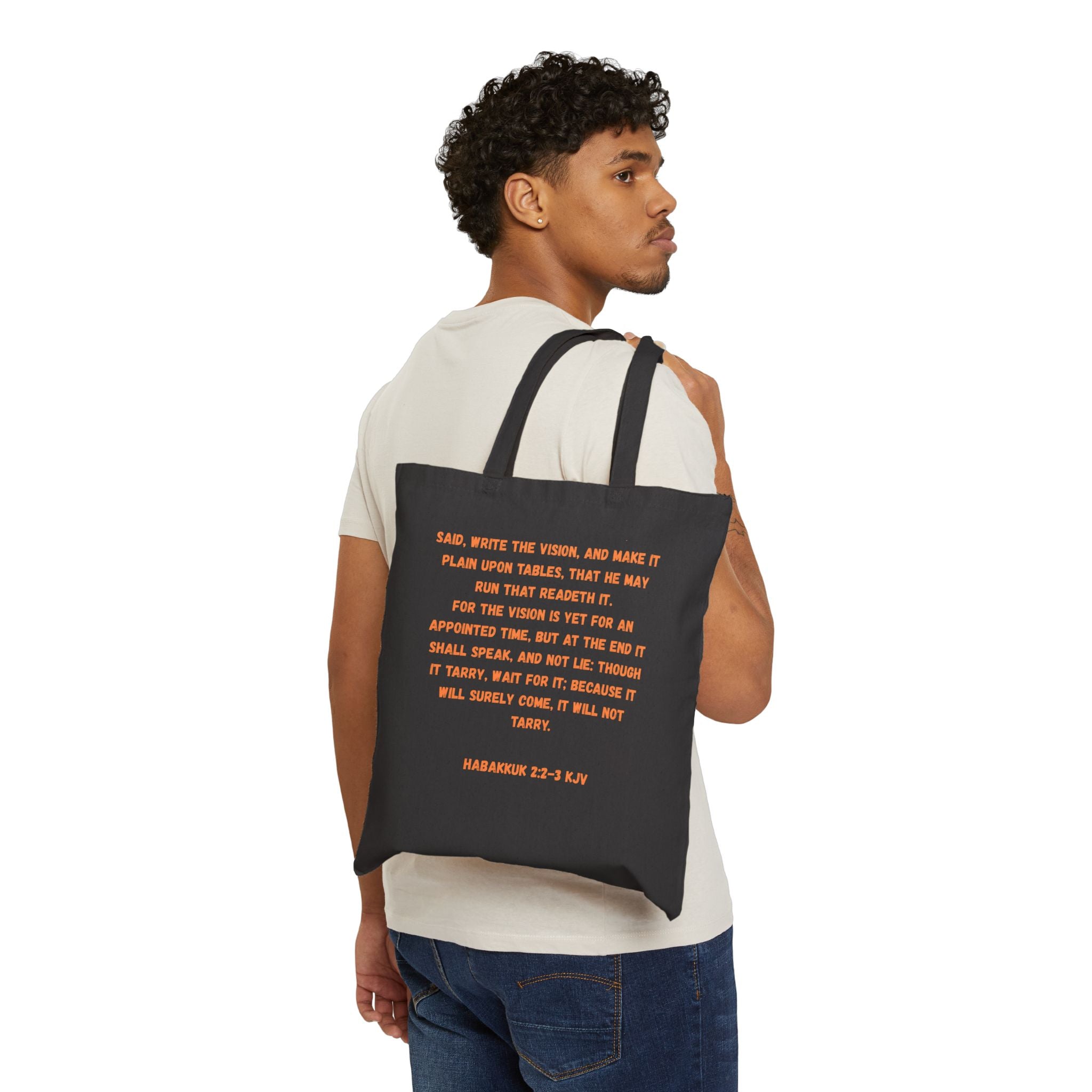 Bible Verse Tote Bag — Habakkuk 2:2-3 Canvas Shoulder Bag