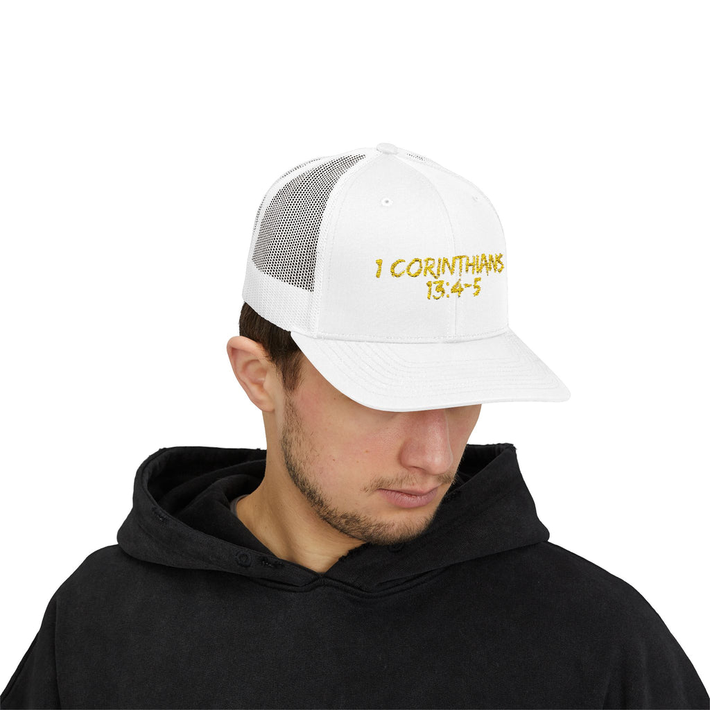 1 Corinthians 13:4-5 Trucker Cap — Customizable Mesh Back Hat