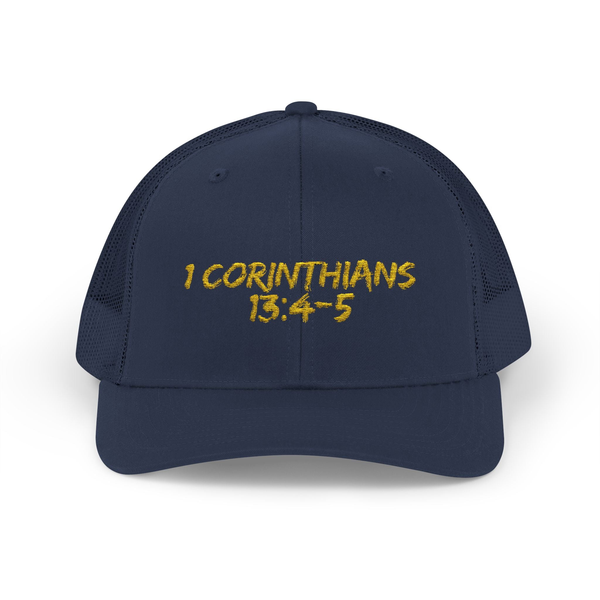 1 Corinthians 13:4-5 Trucker Cap — Customizable Mesh Back Hat