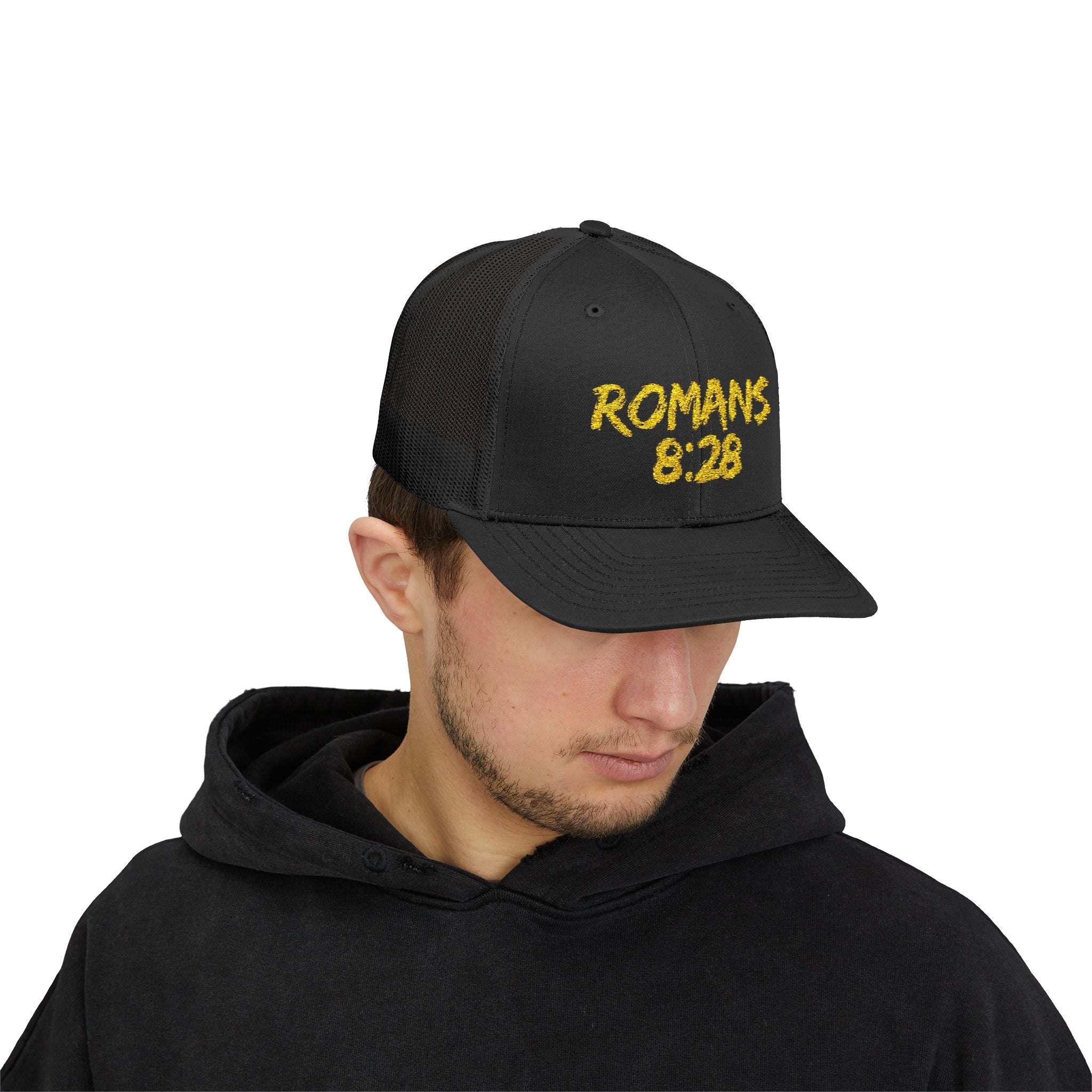 Romans 8:28 Trucker Cap — Christian Faith Snapback Hat Mesh Back