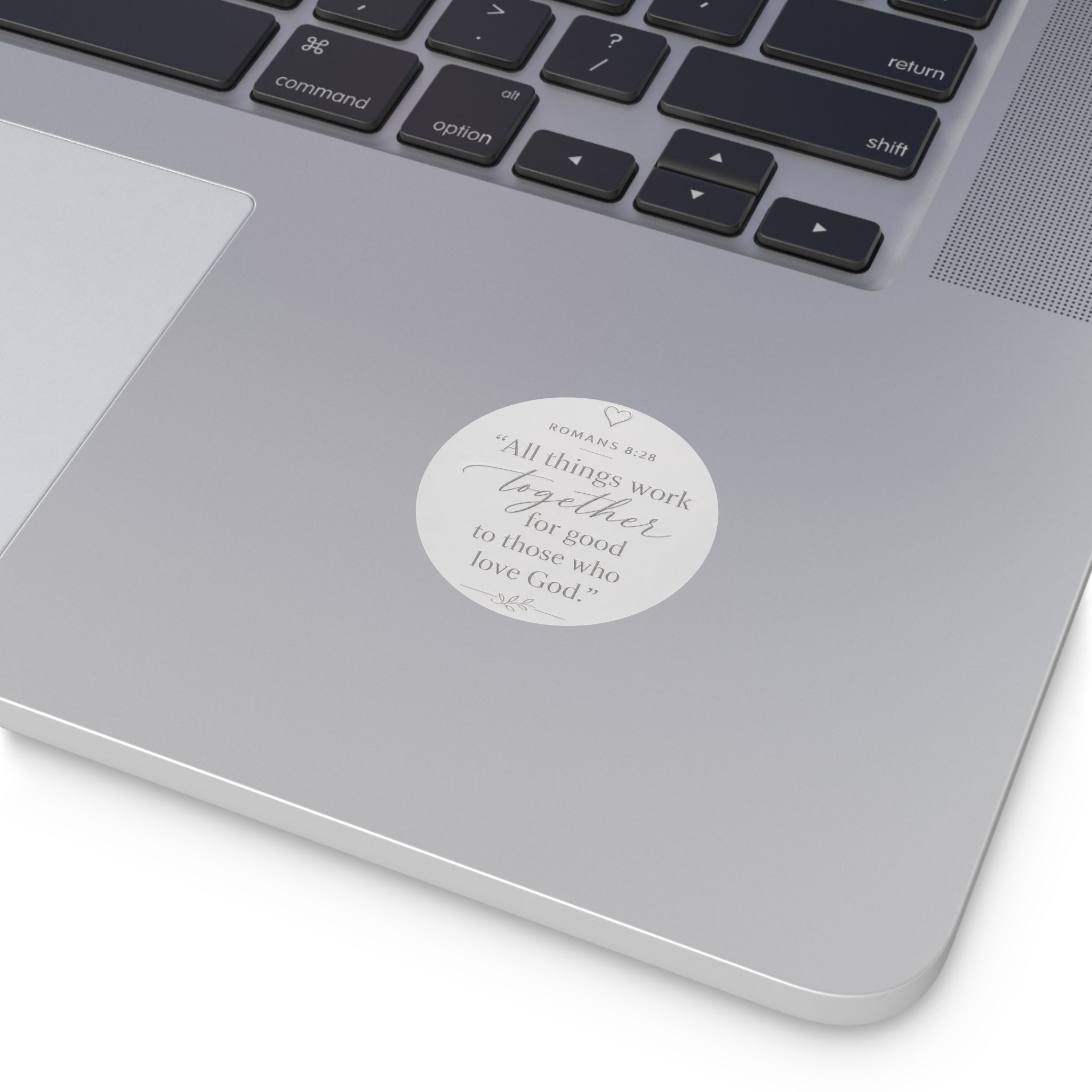 Romans 8:28 Round Vinyl Sticker — "All Things Work Together" Inspirational Christian Decal