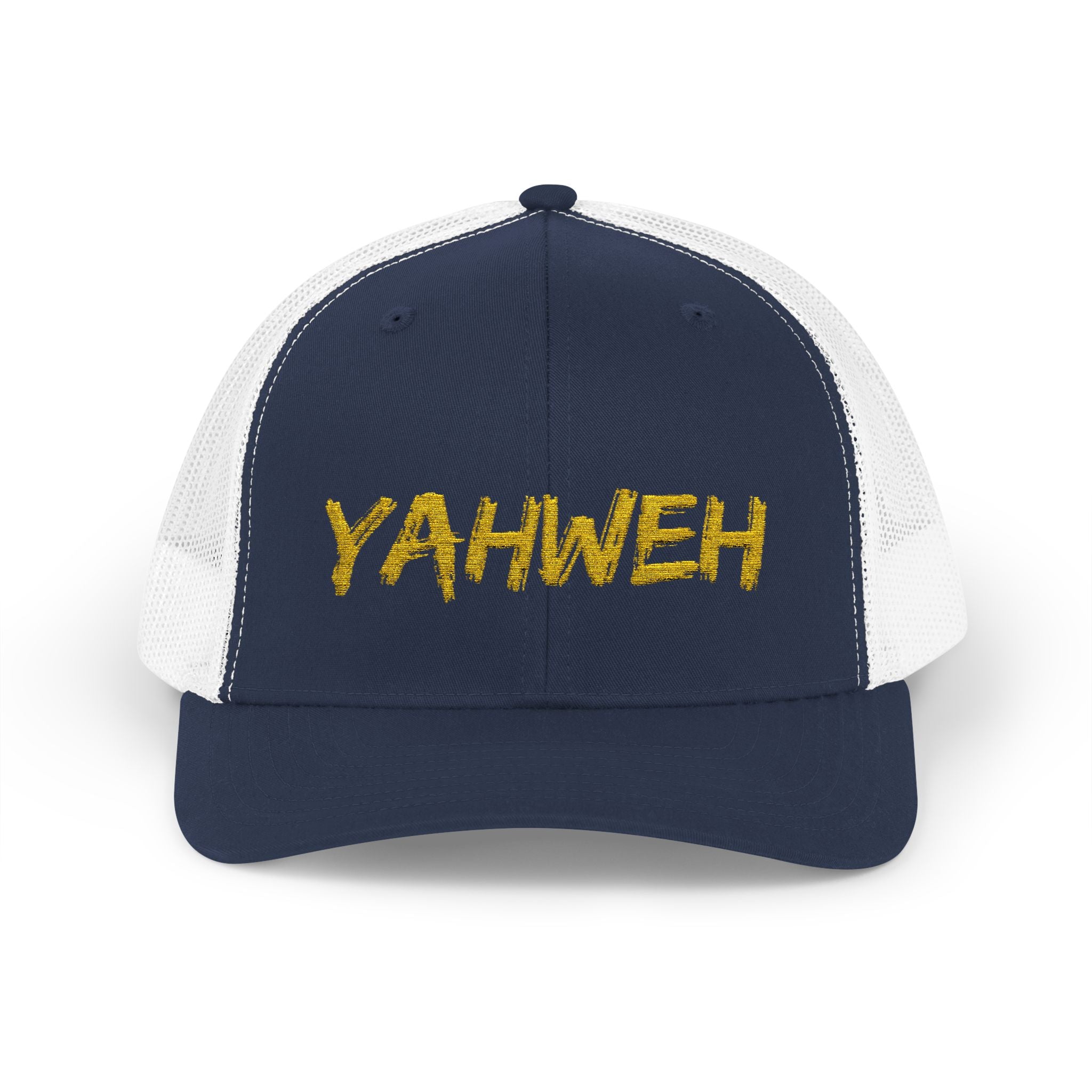 YAHWEH Gold Script Snapback Trucker Cap — Faith-Inspired Mesh Back Hat