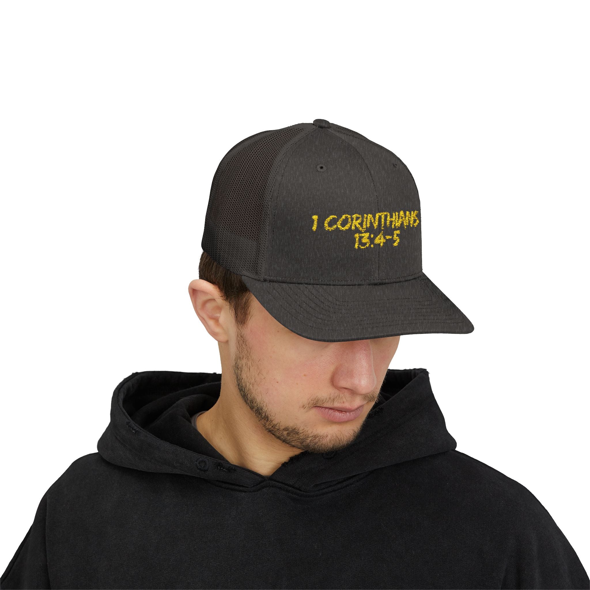 1 Corinthians 13:4-5 Trucker Cap — Customizable Mesh Back Hat