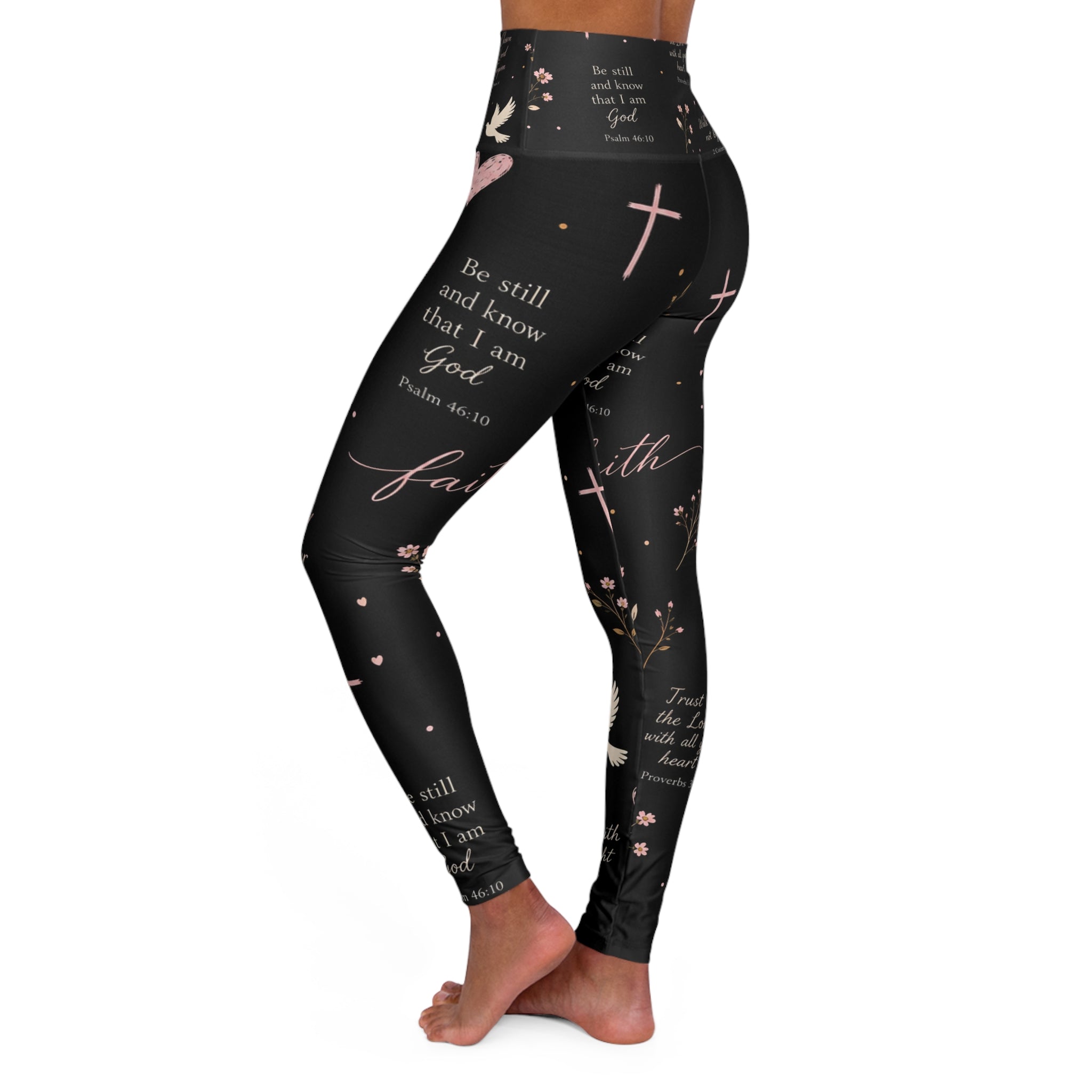 Faith-Inspired High Waisted Yoga Leggings — Dove, Cross & Scripture Print