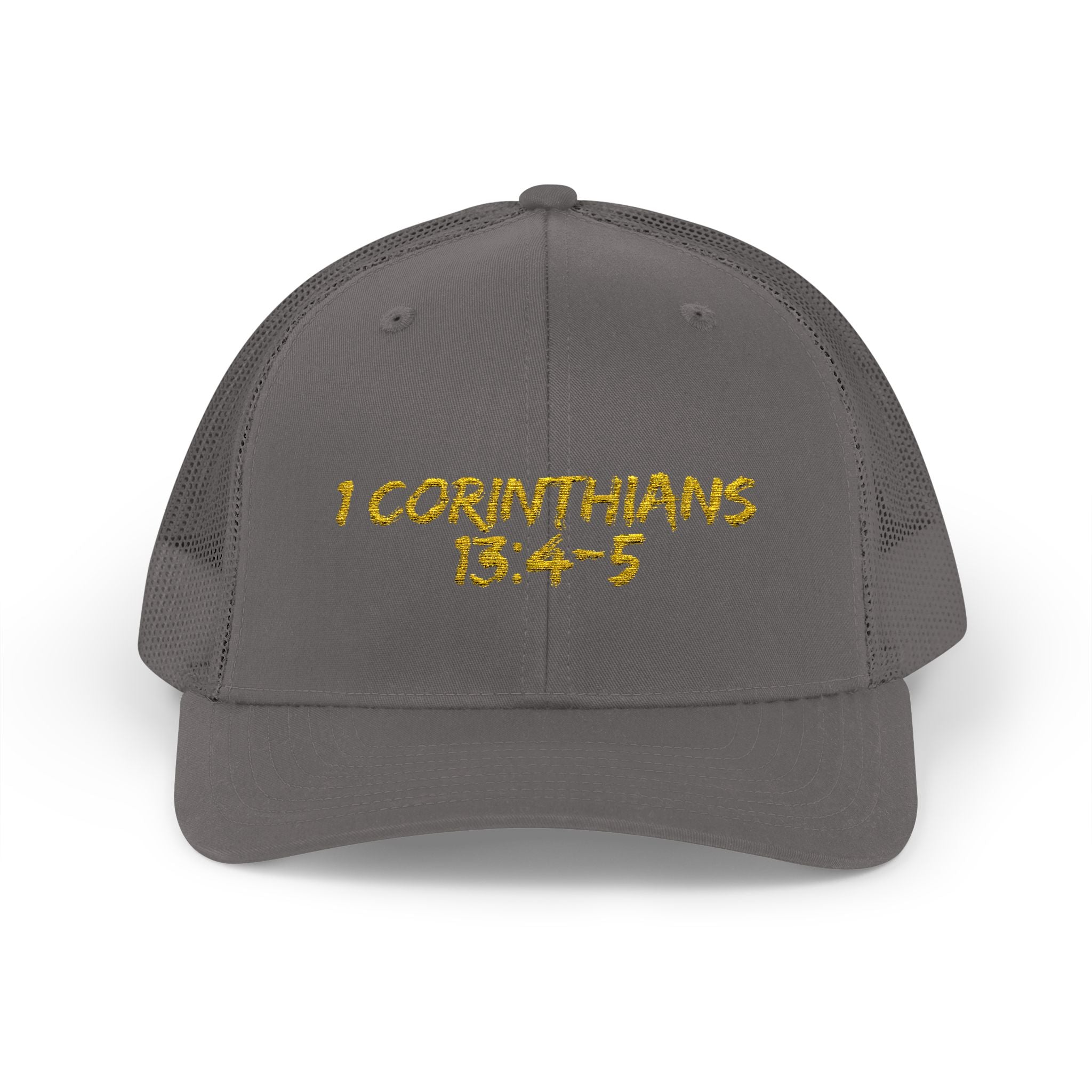 1 Corinthians 13:4-5 Trucker Cap — Customizable Mesh Back Hat