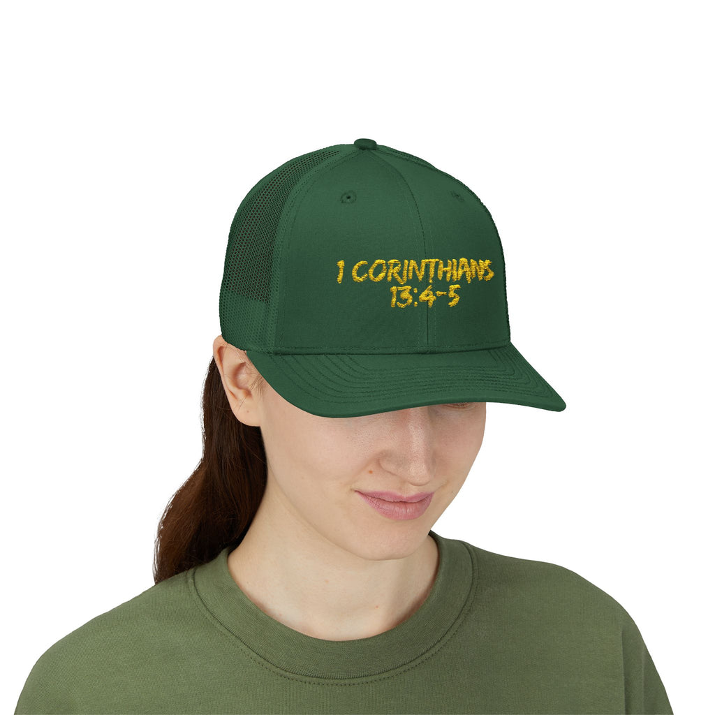 1 Corinthians 13:4-5 Trucker Cap — Customizable Mesh Back Hat