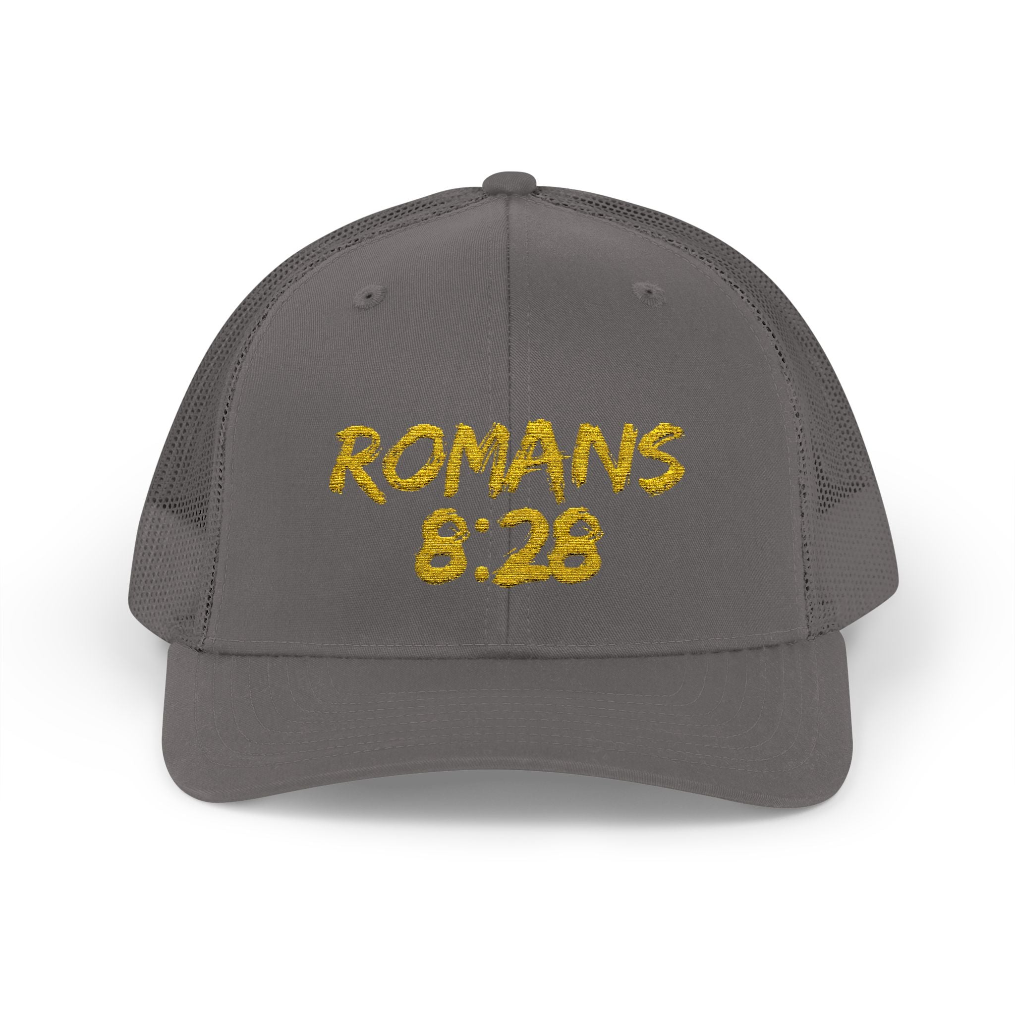 Romans 8:28 Trucker Cap — Christian Faith Snapback Hat Mesh Back