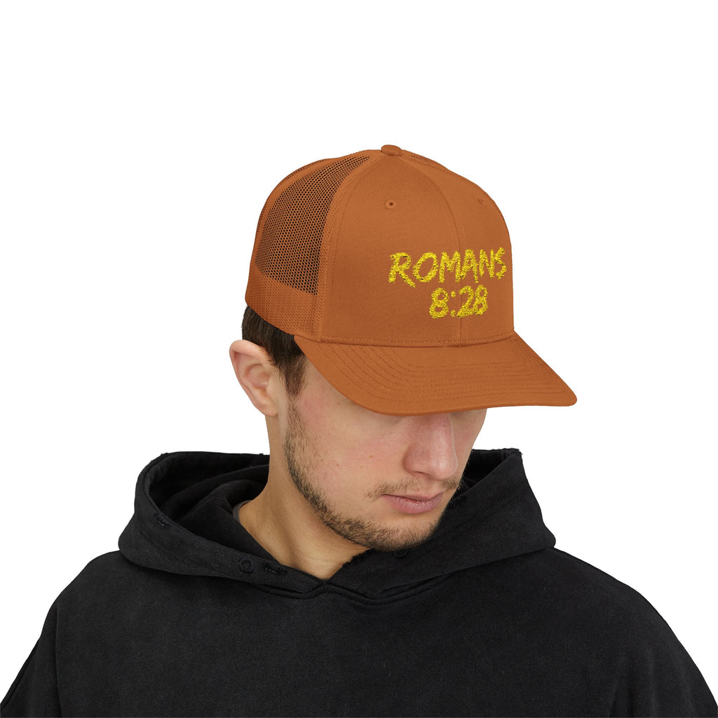 Romans 8:28 Trucker Cap — Christian Faith Snapback Hat Mesh Back
